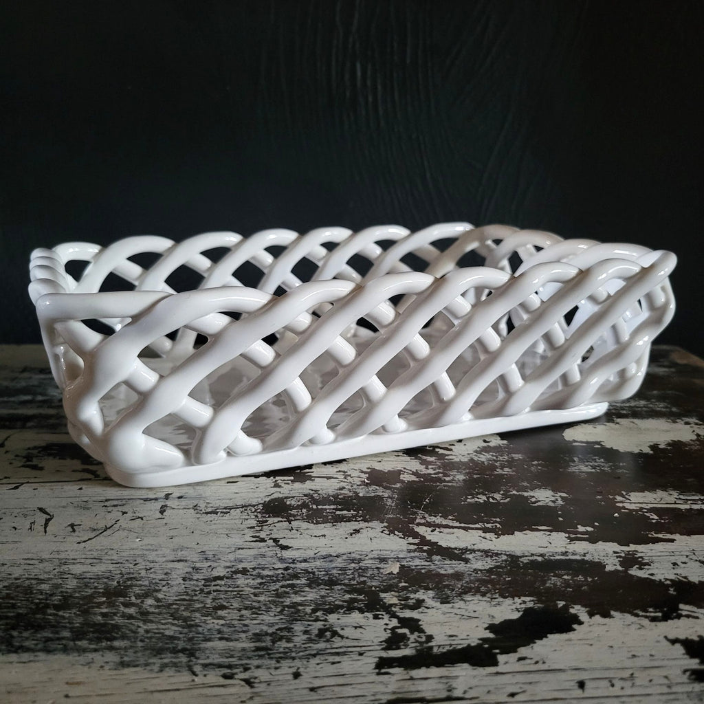 White Woven Ceramic Bread Basket Made In Portugal Rectangular Lattice Basket