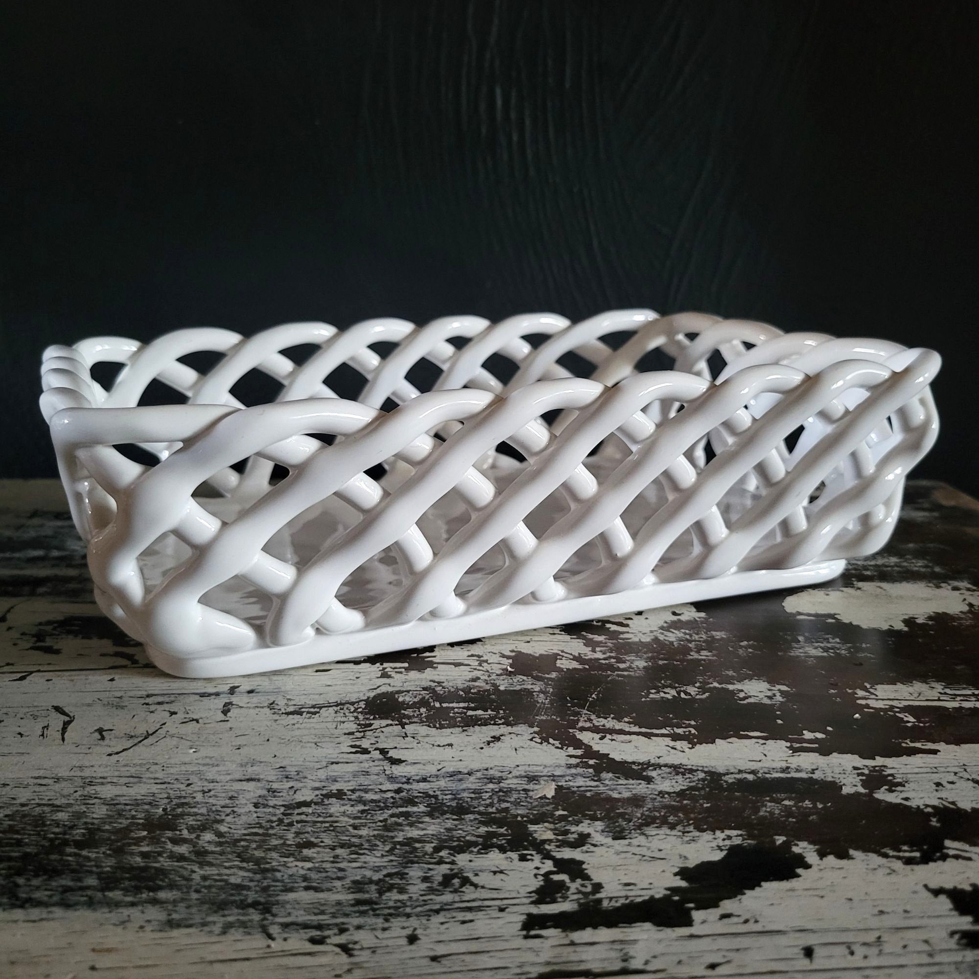 White Woven Ceramic Bread Basket Made In Portugal Rectangular Lattice Basket
