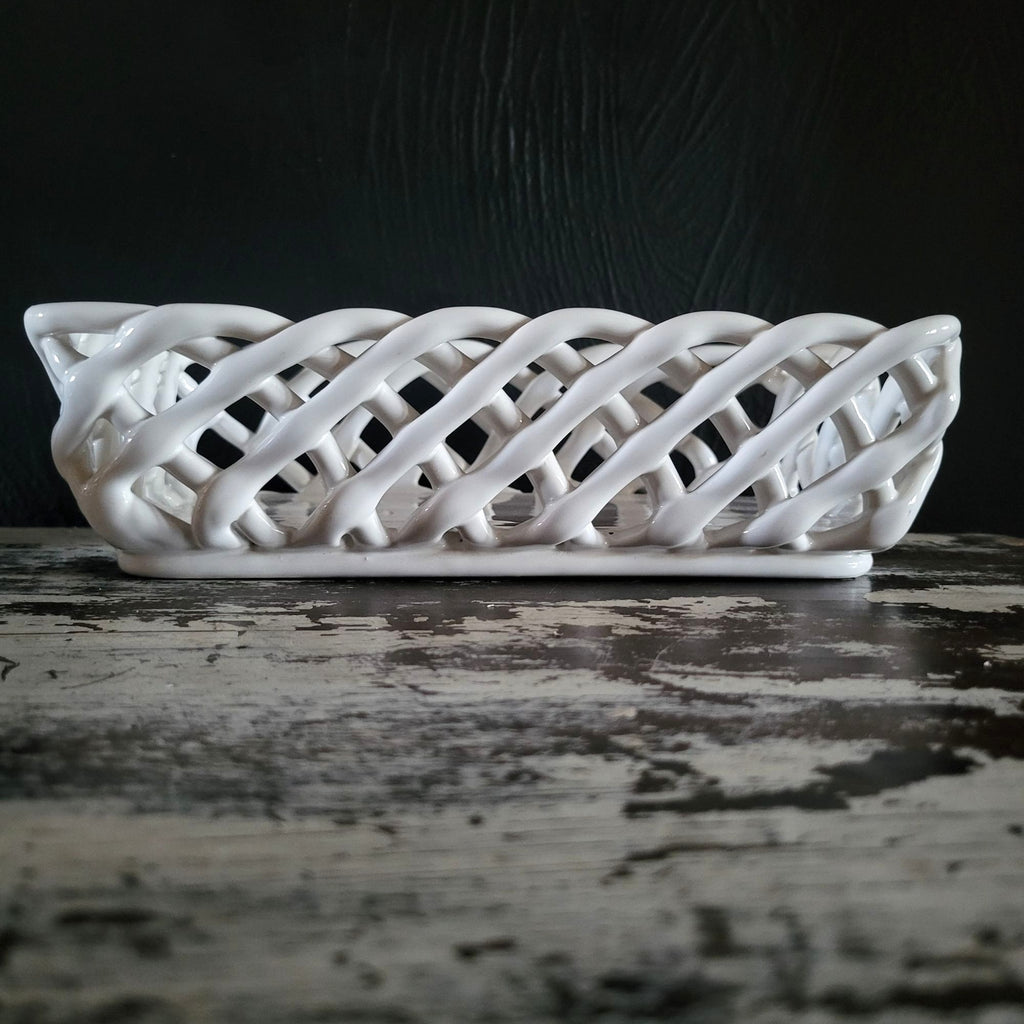 White Woven Ceramic Bread Basket Made In Portugal Rectangular Lattice Basket