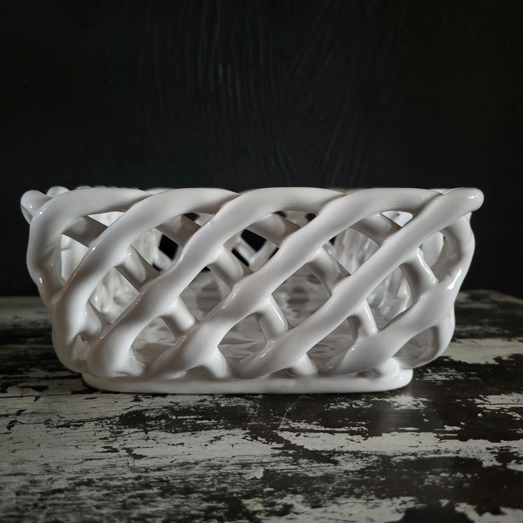 White Woven Ceramic Bread Basket Made In Portugal Rectangular Lattice Basket