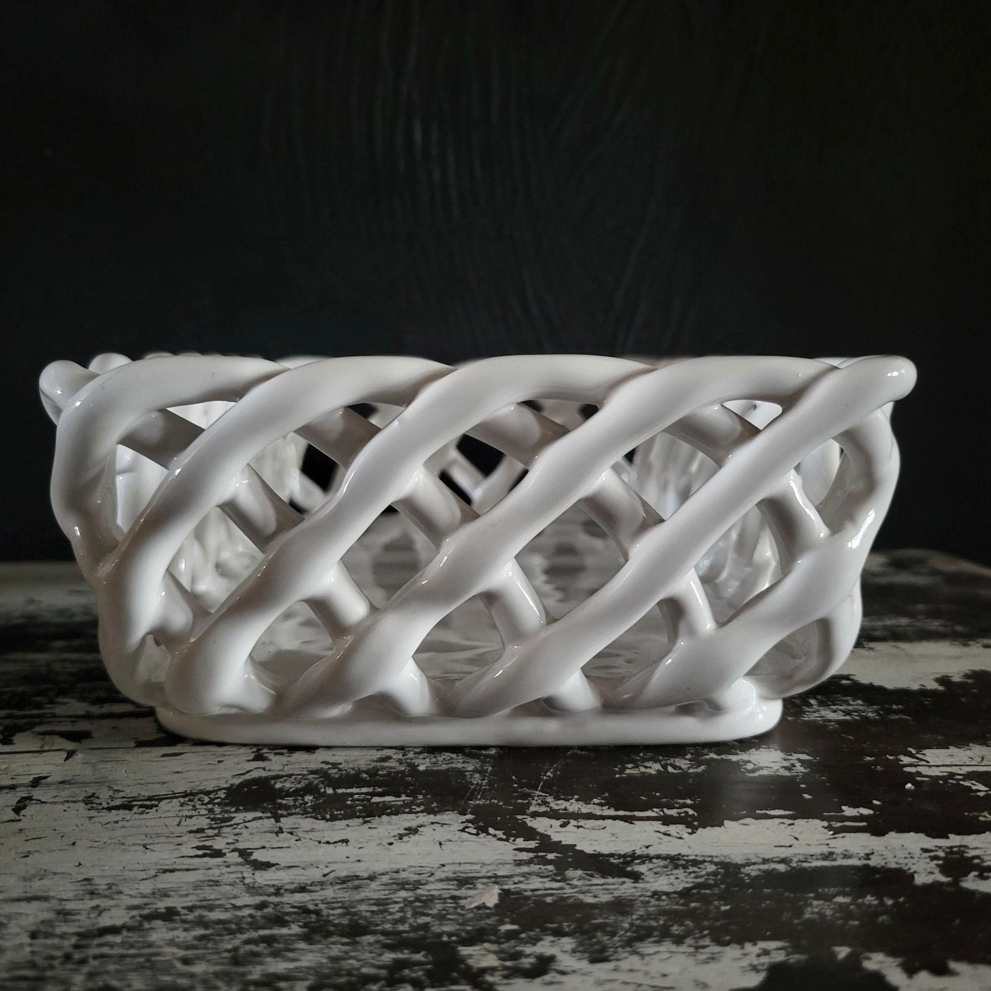 White Woven Ceramic Bread Basket Made In Portugal Rectangular Lattice Basket