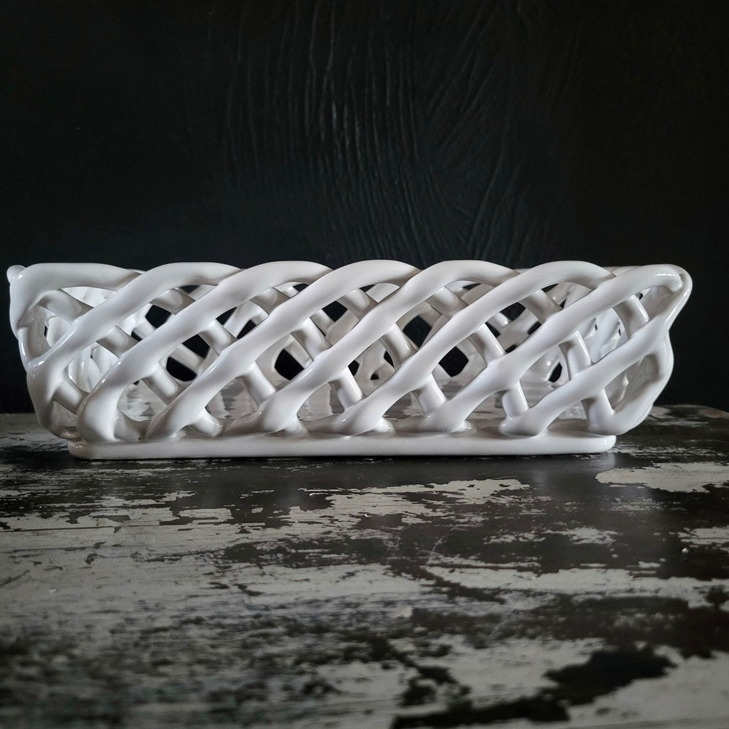 White Woven Ceramic Bread Basket Made In Portugal Rectangular Lattice Basket