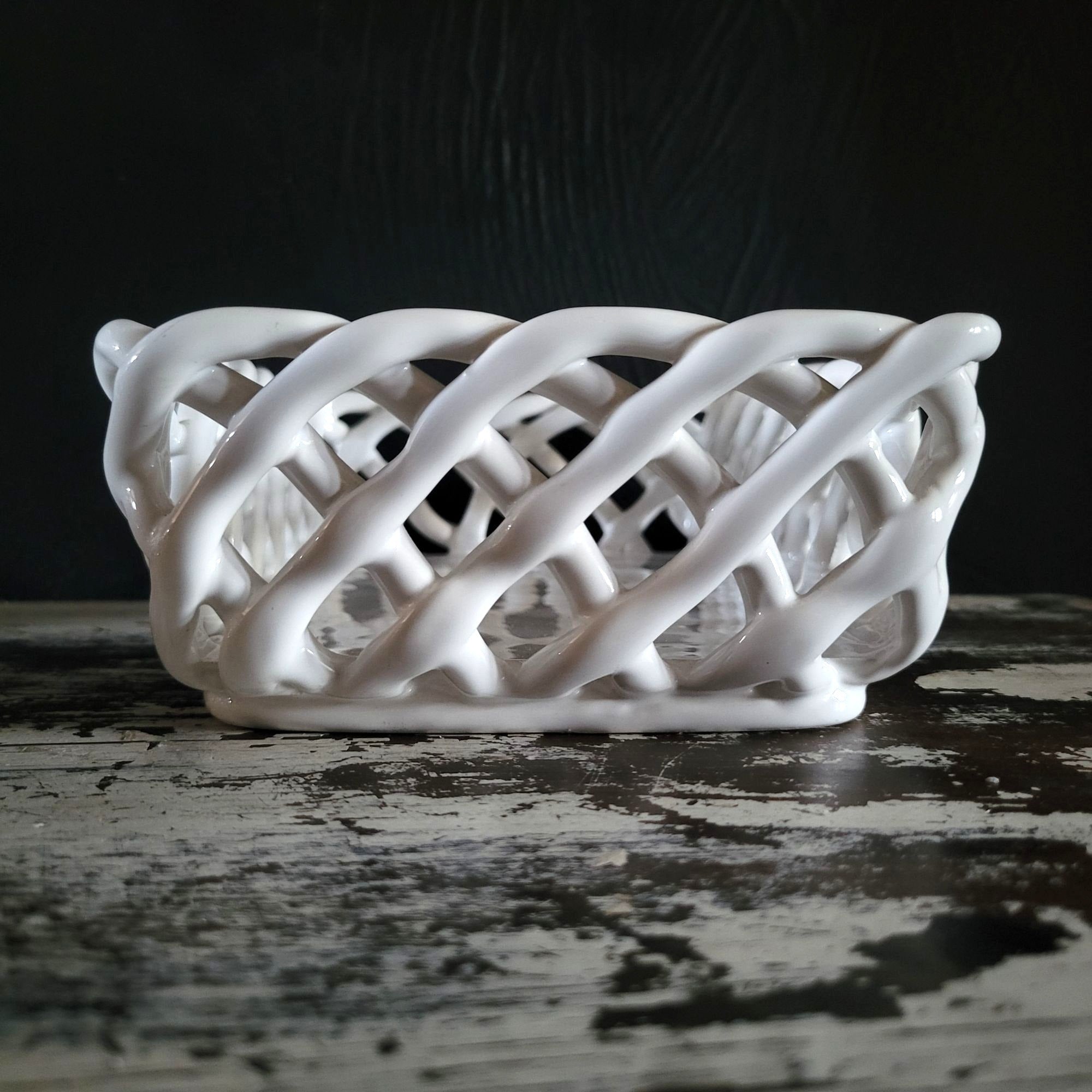 White Woven Ceramic Bread Basket Made In Portugal Rectangular Lattice Basket