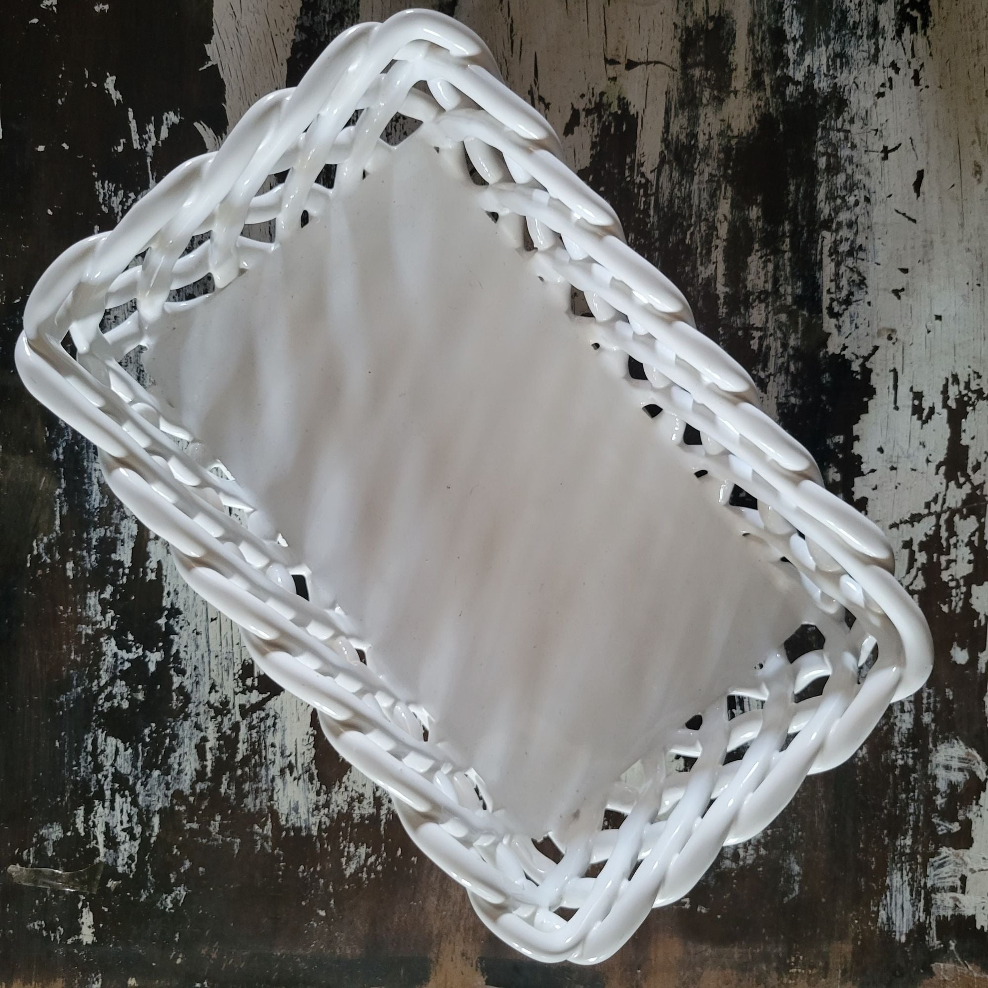 White Woven Ceramic Bread Basket Made In Portugal Rectangular Lattice Basket
