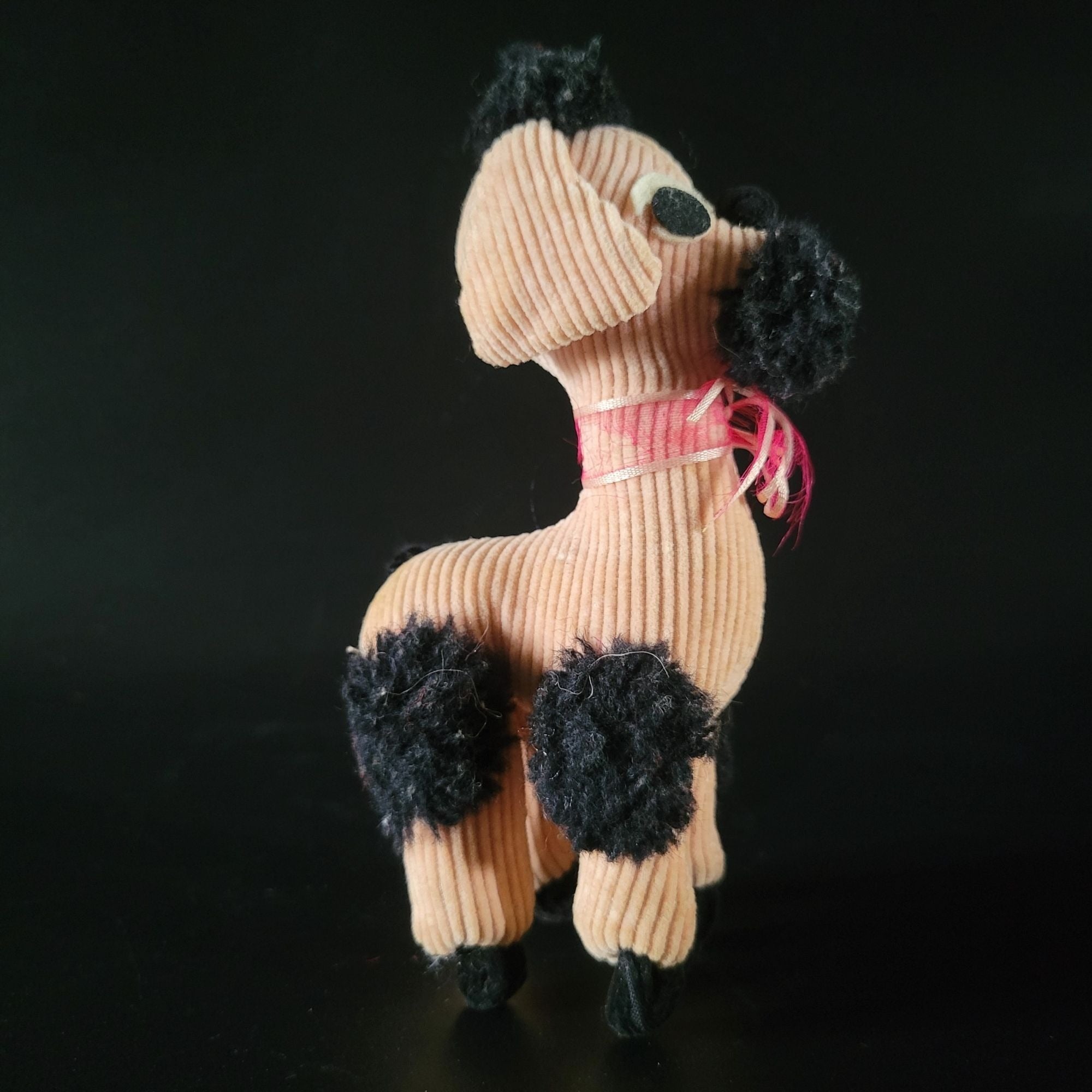 Vintage 60s Stuffed Animal Poodle Dog Pink Black Corduroy Kitsch 5.625"