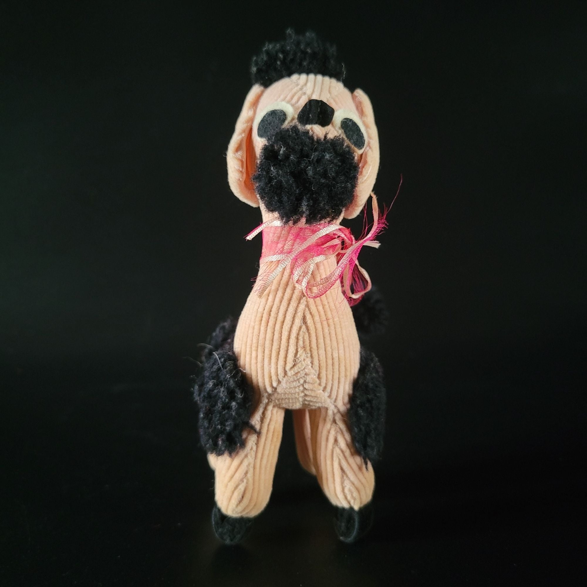 Vintage 60s Stuffed Animal Poodle Dog Pink Black Corduroy Kitsch 5.625"