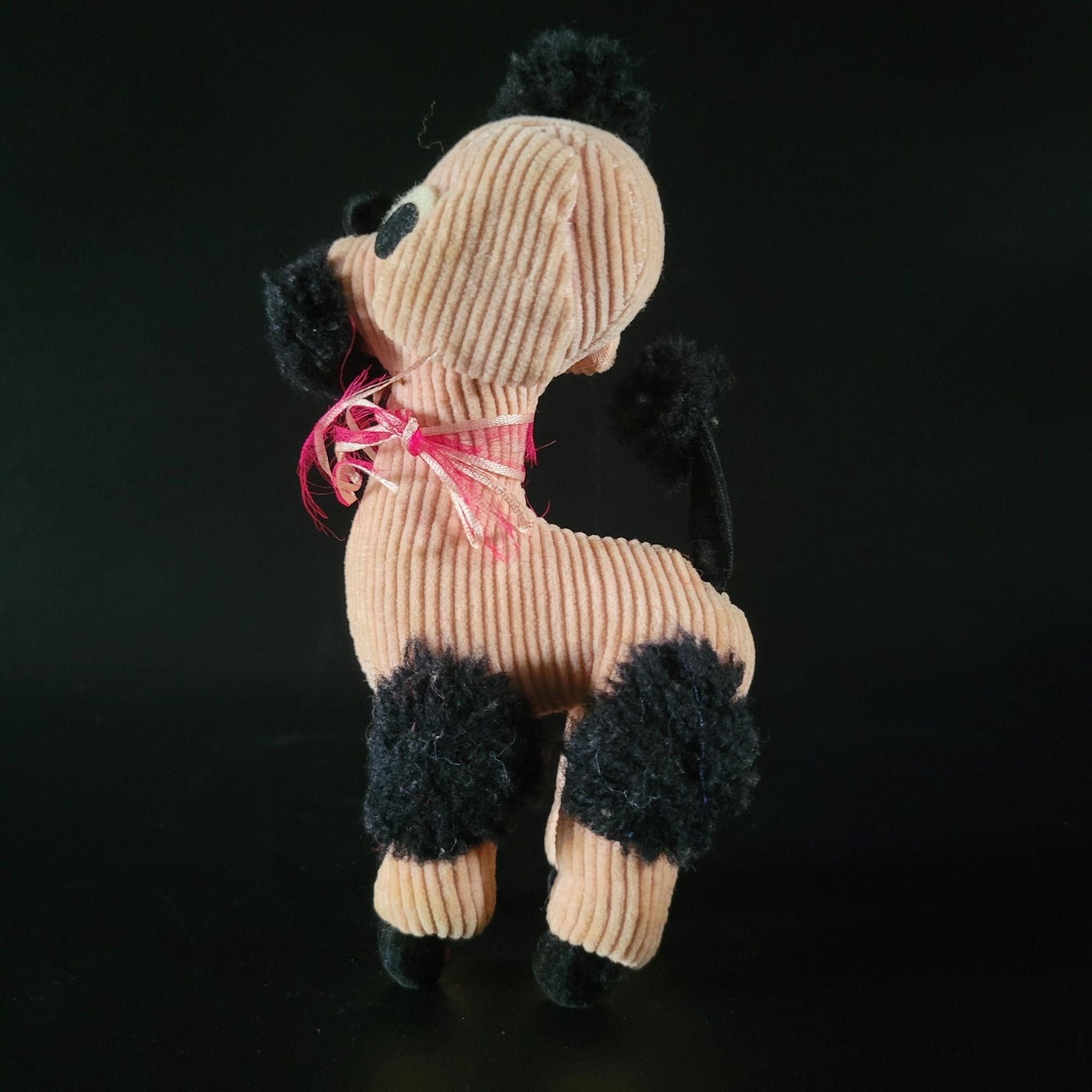 Vintage 60s Stuffed Animal Poodle Dog Pink Black Corduroy Kitsch 5.625"