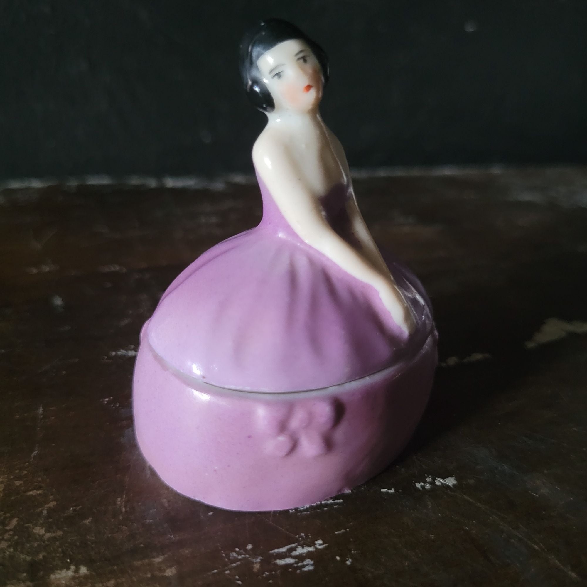 Antique Art Nouveau Woman Figure in Purple Dress Trinket Box, Ring Box, Vanity