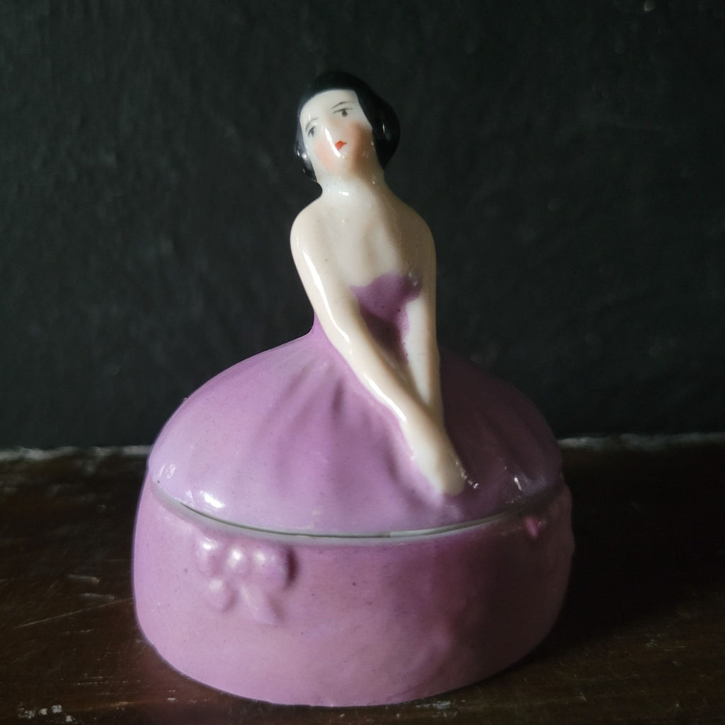 Antique Art Nouveau Woman Figure in Purple Dress Trinket Box, Ring Box, Vanity