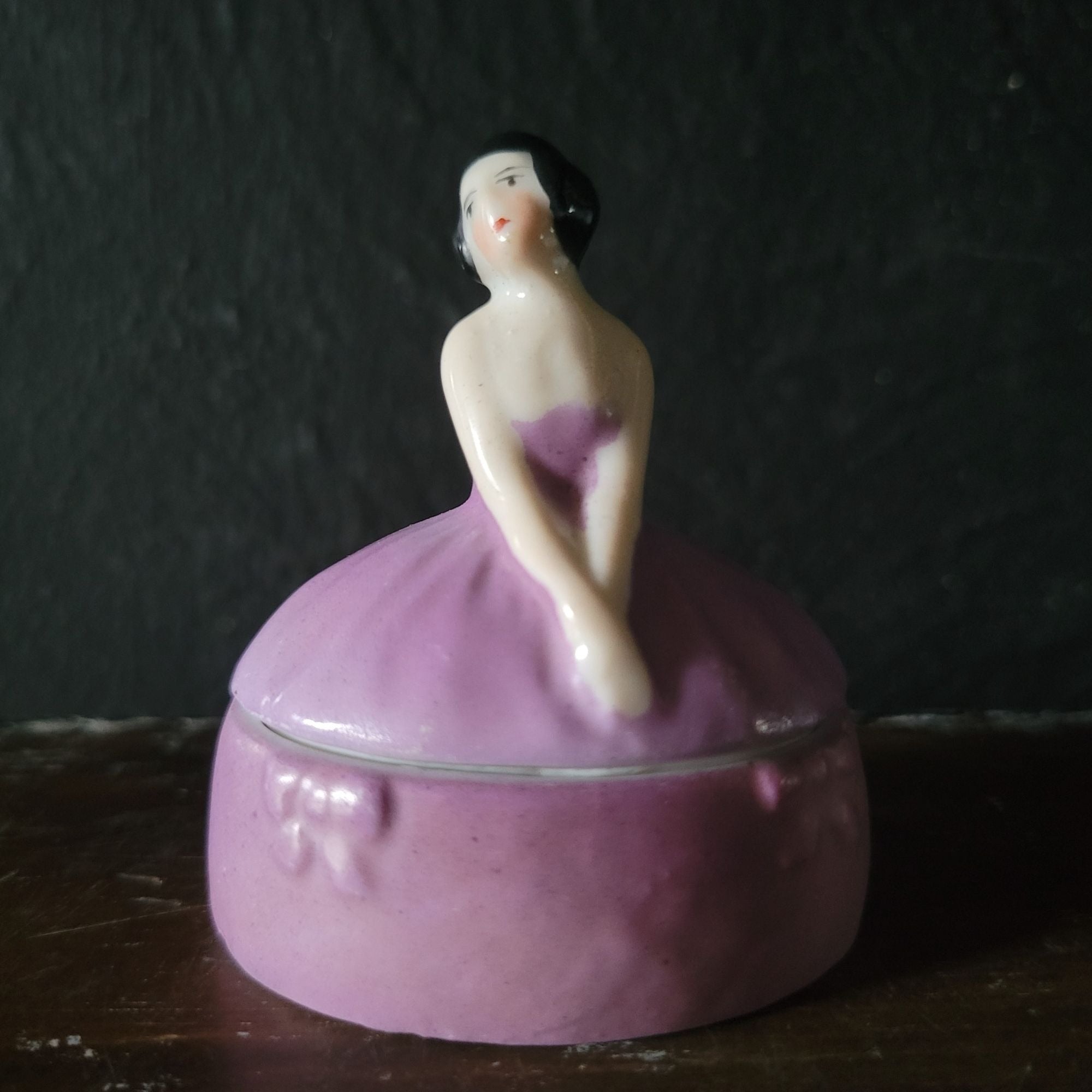 Antique Art Nouveau Woman Figure in Purple Dress Trinket Box, Ring Box, Vanity