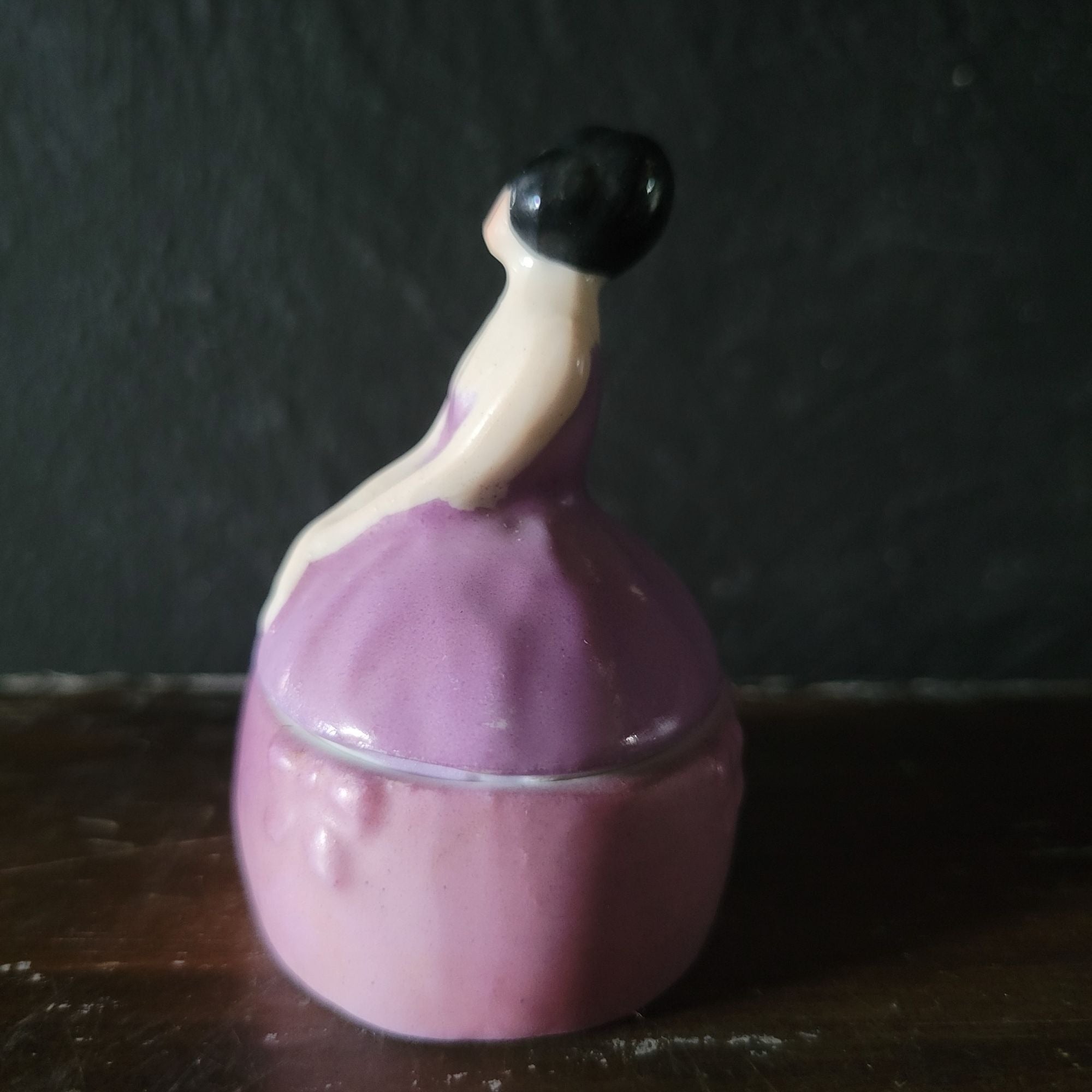 Antique Art Nouveau Woman Figure in Purple Dress Trinket Box, Ring Box, Vanity