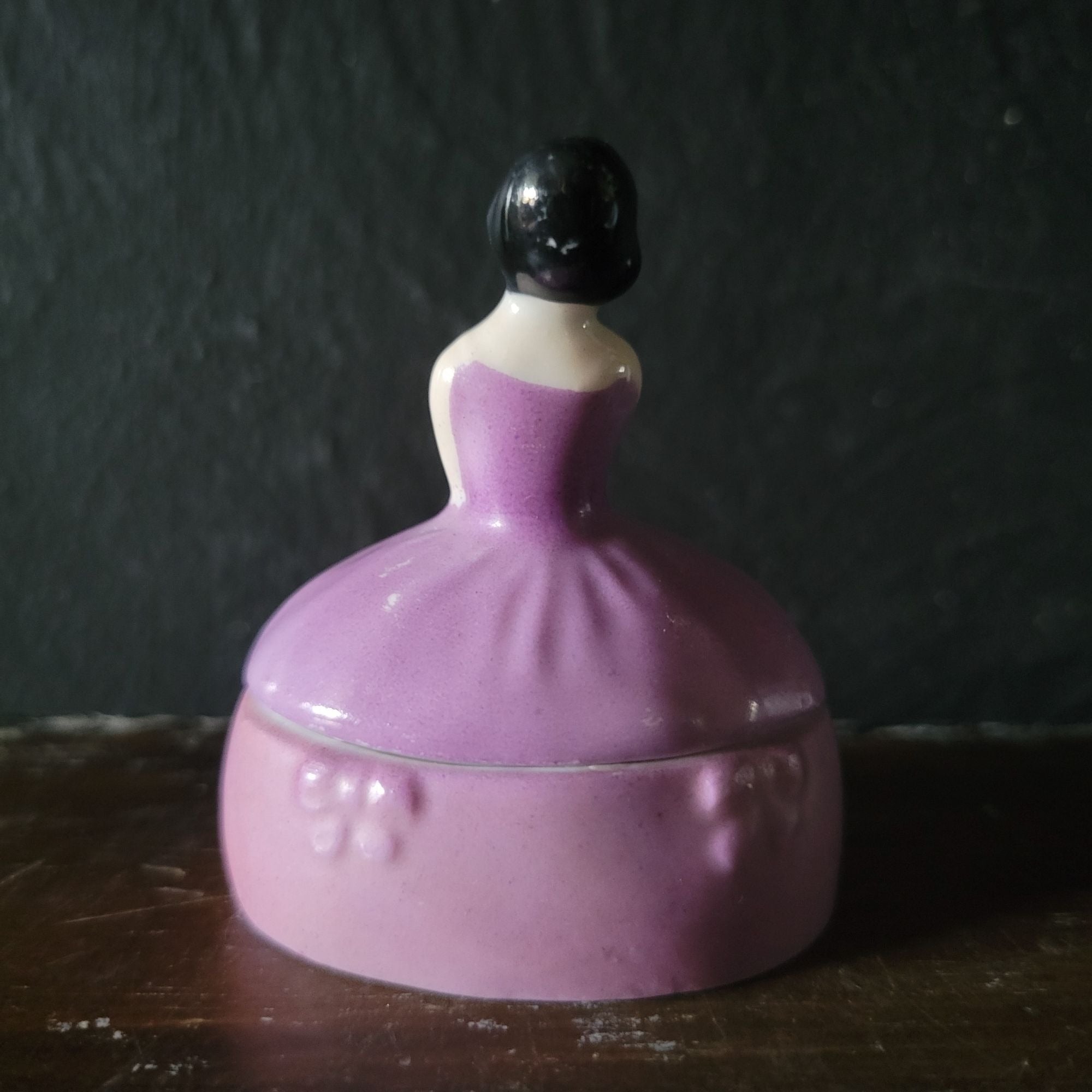 Antique Art Nouveau Woman Figure in Purple Dress Trinket Box, Ring Box, Vanity