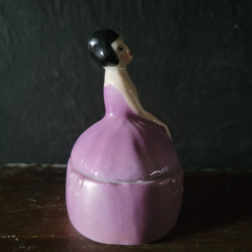 Antique Art Nouveau Woman Figure in Purple Dress Trinket Box, Ring Box, Vanity
