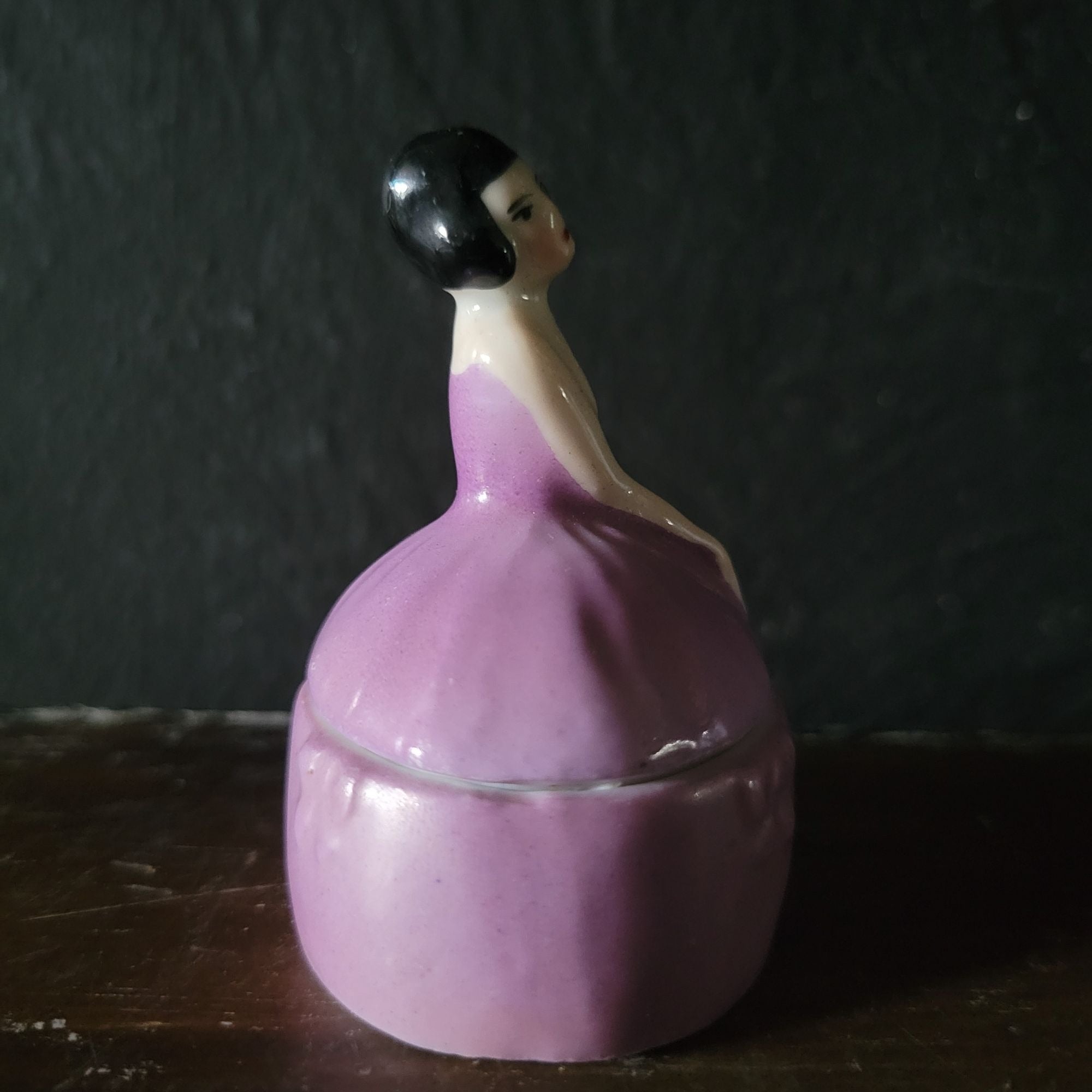 Antique Art Nouveau Woman Figure in Purple Dress Trinket Box, Ring Box, Vanity