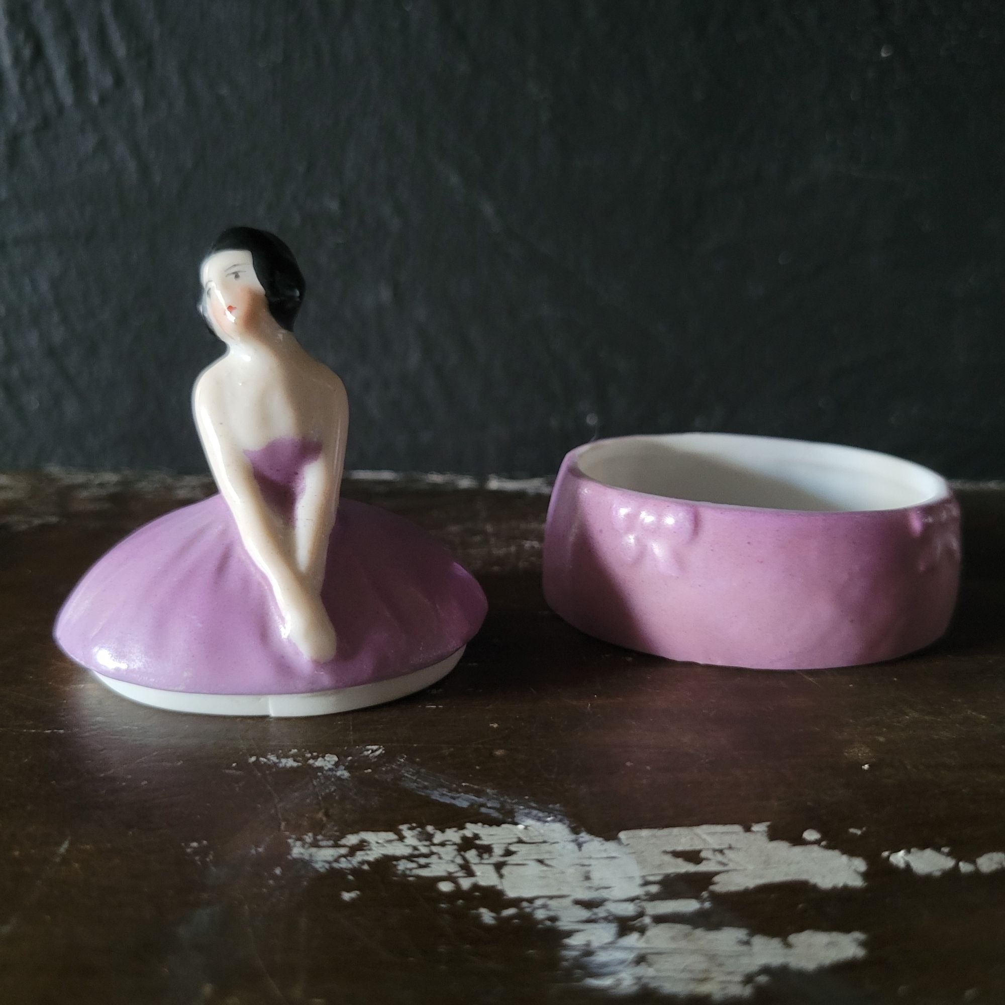 Antique Art Nouveau Woman Figure in Purple Dress Trinket Box, Ring Box, Vanity