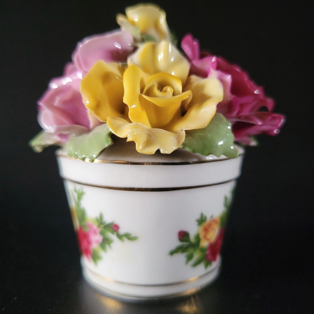 Small Vintage Royal Albert Old Country Roses Flowers In Pot Figurine 3"