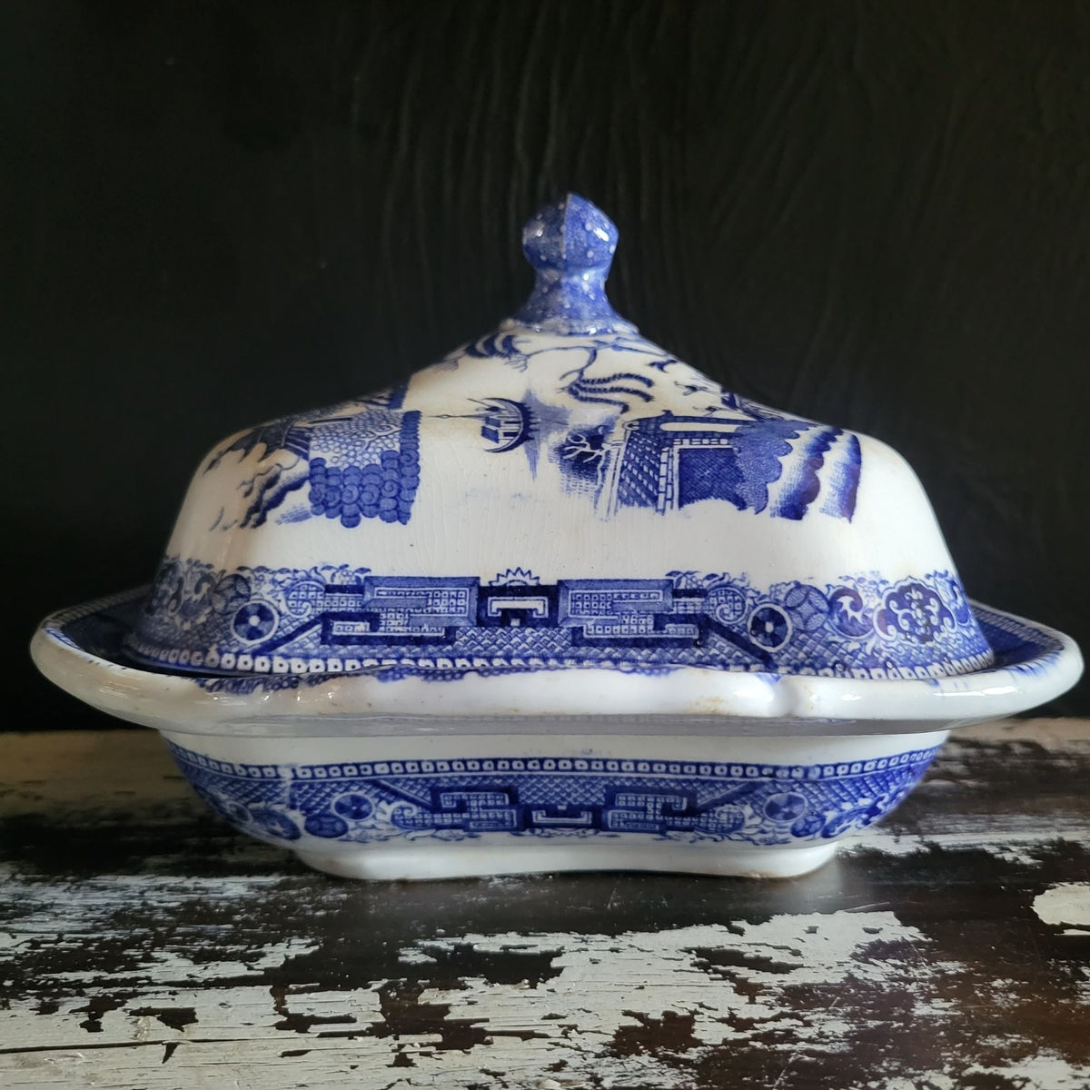 Antique Ridgway England Blue Willow Square Covered Vegetable Dish w/ Lid  *Read