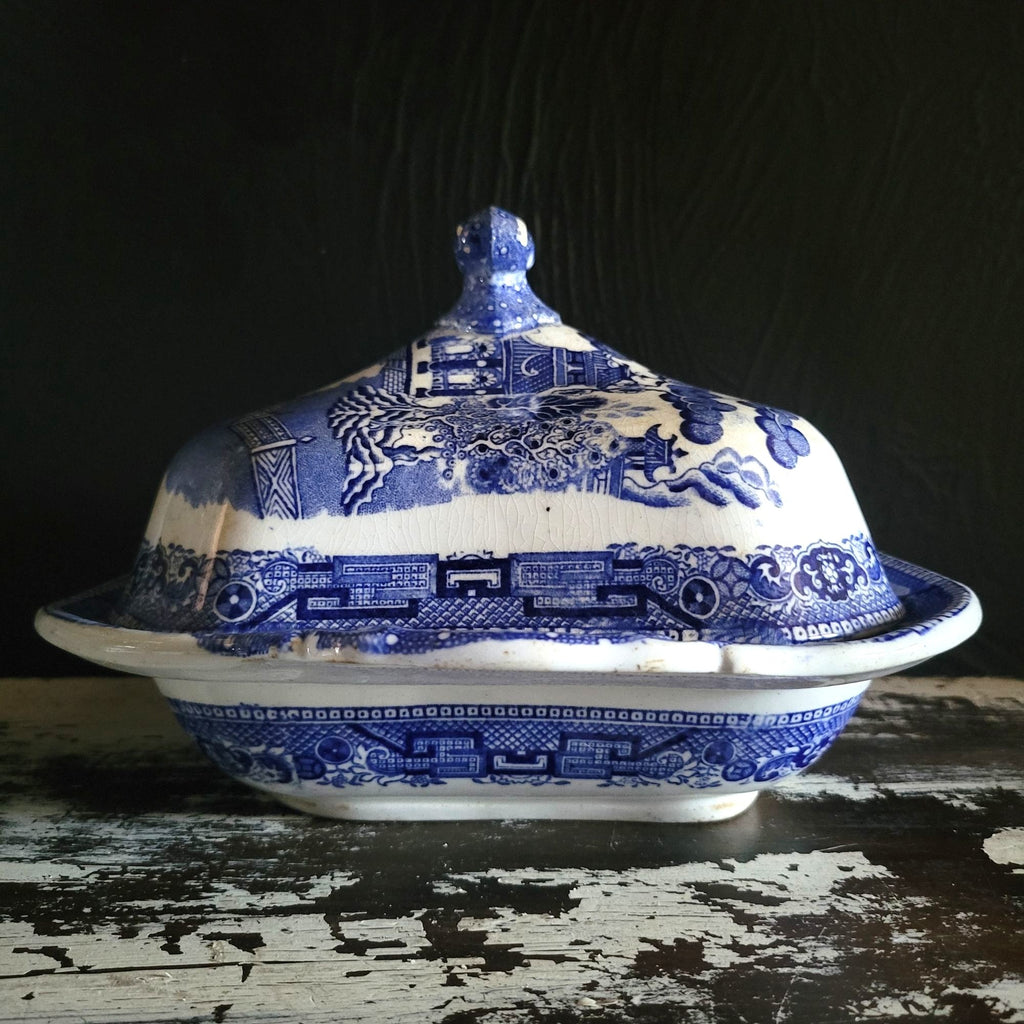 Antique Ridgway England Blue Willow Square Covered Vegetable Dish w/ Lid  *Read
