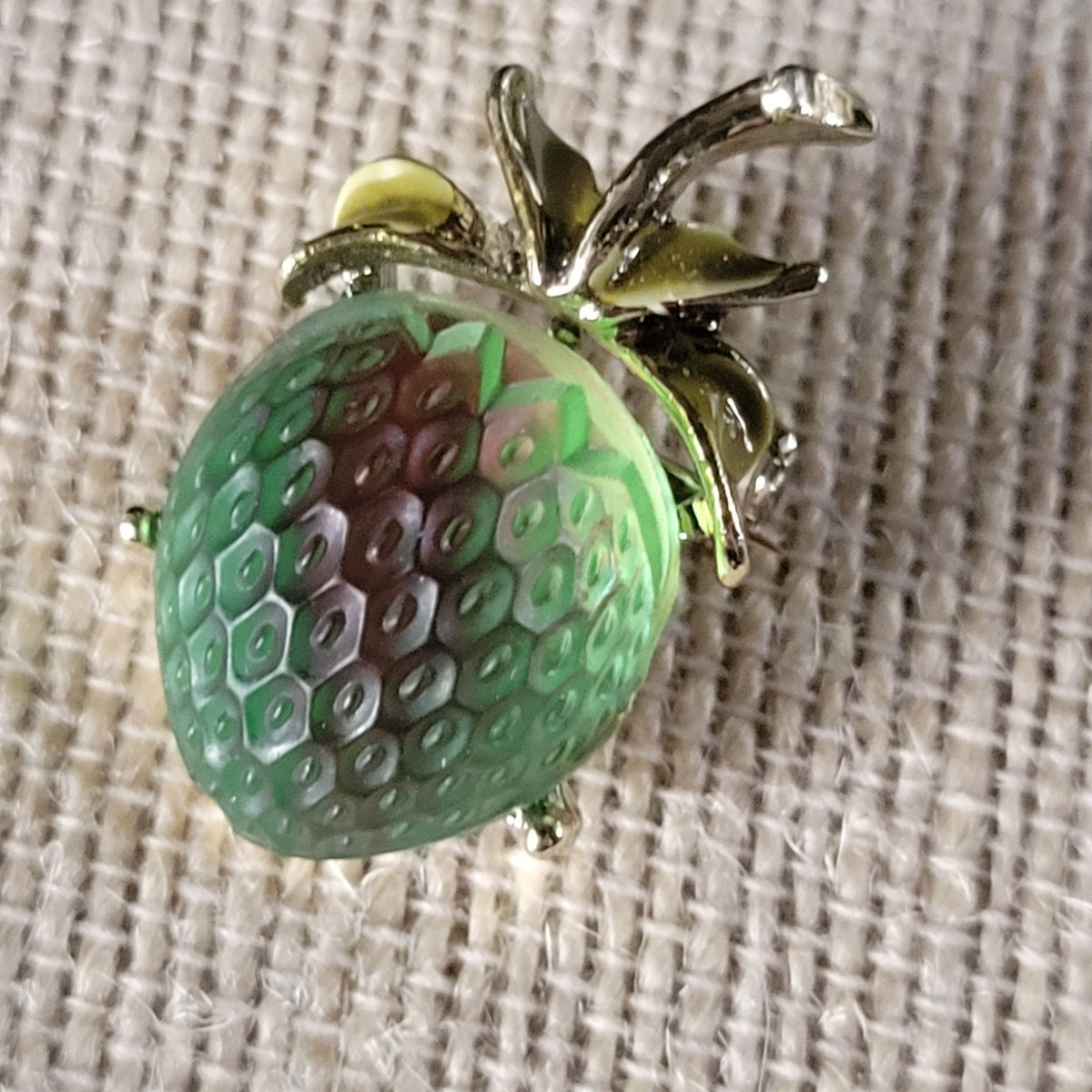 Vintage Green Strawberry Molded Glass and Gold-Tone Brooch Pin *Read