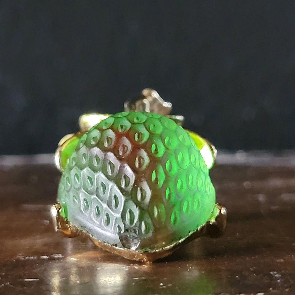 Vintage Green Strawberry Molded Glass and Gold-Tone Brooch Pin *Read