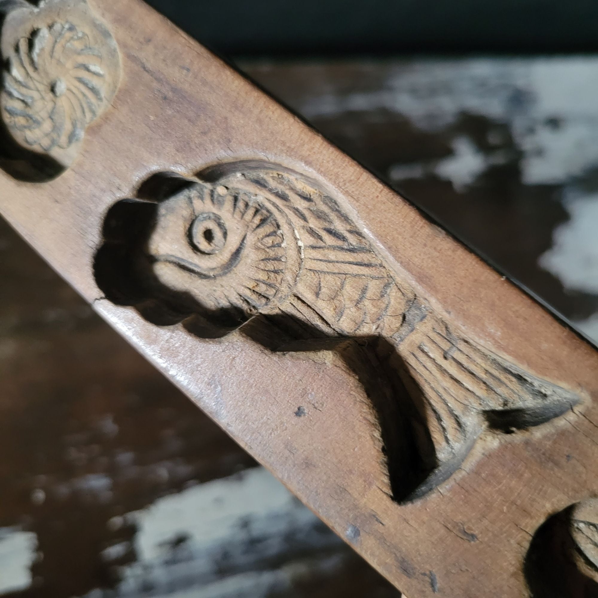 Vintage Hand Carved Wooden Chinese Moon Cake Mold With Fish and Floral Designs