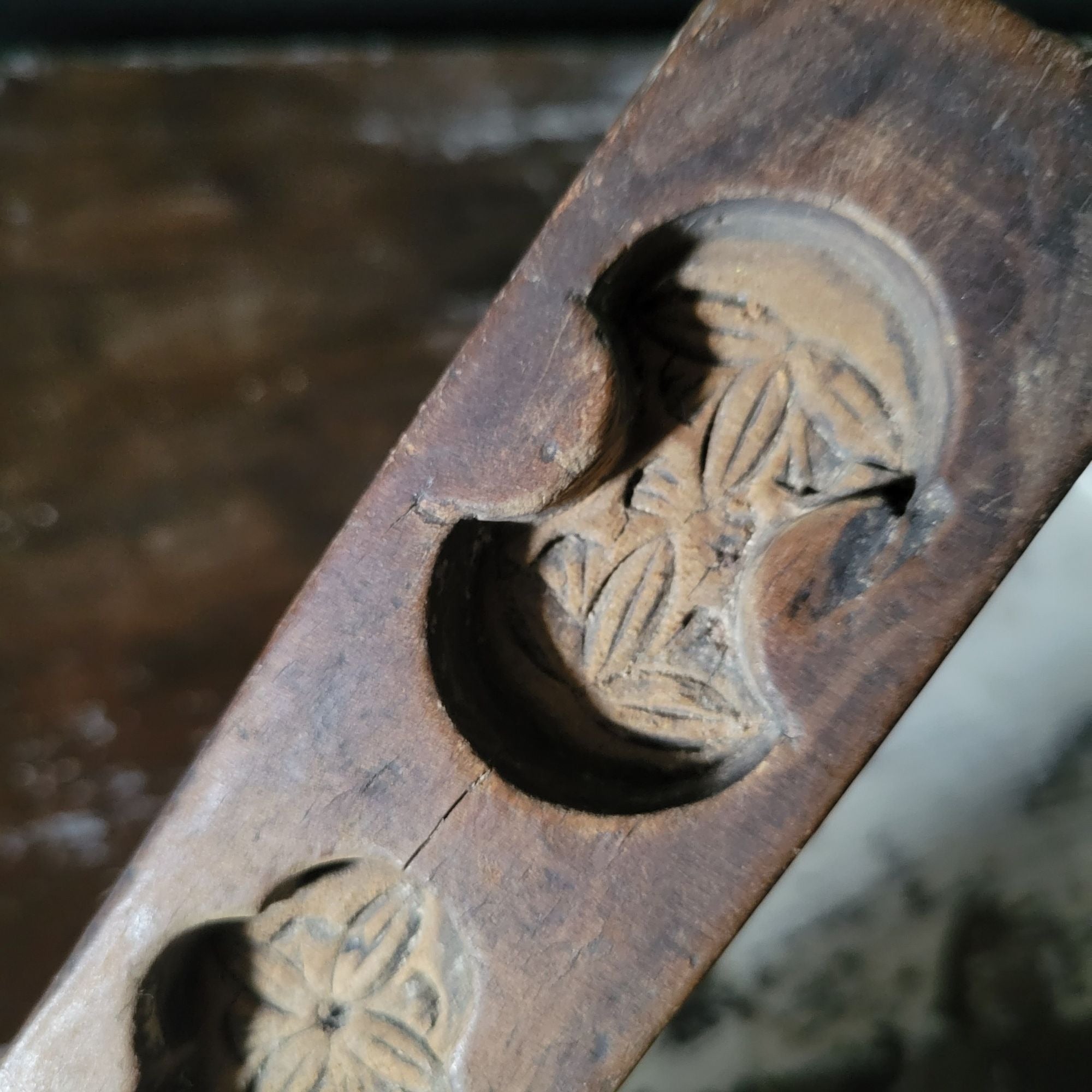 Vintage Hand Carved Wooden Chinese Moon Cake Mold With Fish and Floral Designs