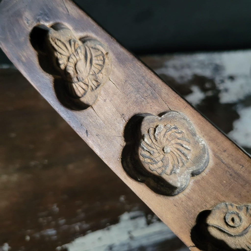 Vintage Hand Carved Wooden Chinese Moon Cake Mold With Fish and Floral Designs