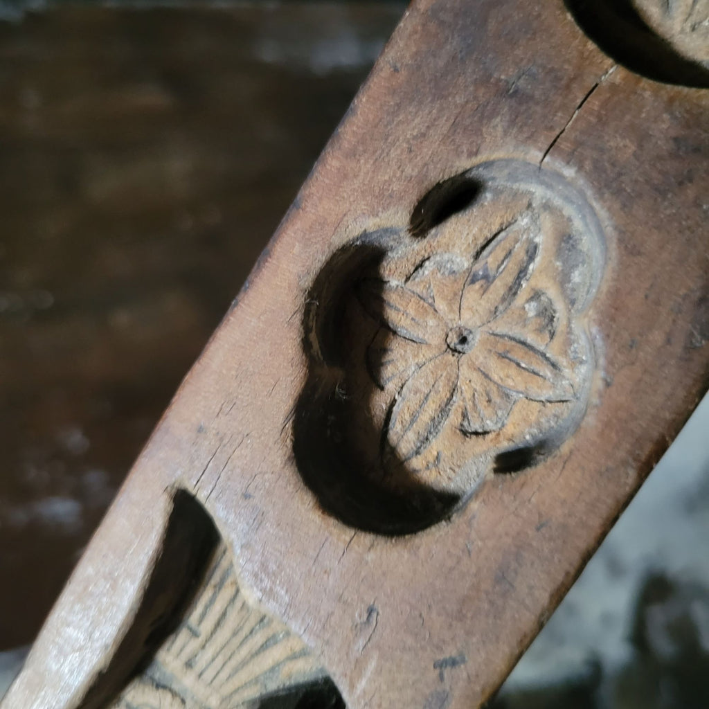 Vintage Hand Carved Wooden Chinese Moon Cake Mold With Fish and Floral Designs