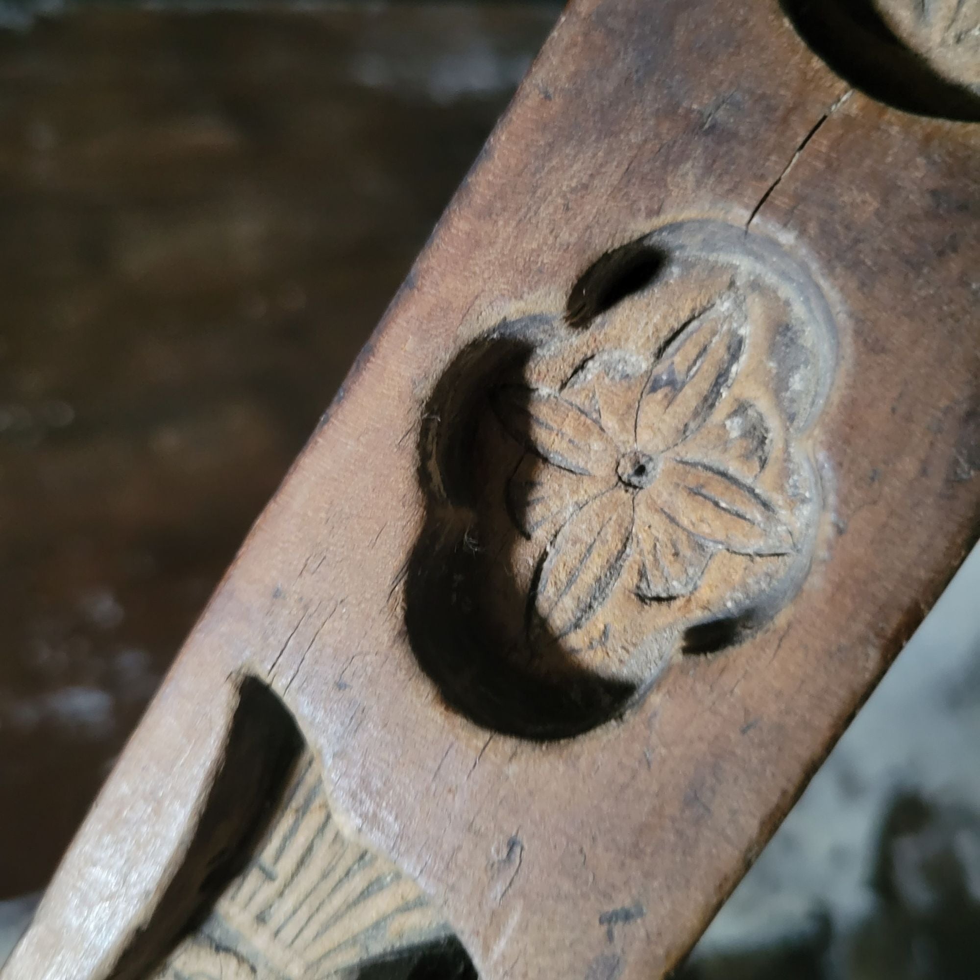 Vintage Hand Carved Wooden Chinese Moon Cake Mold With Fish and Floral Designs