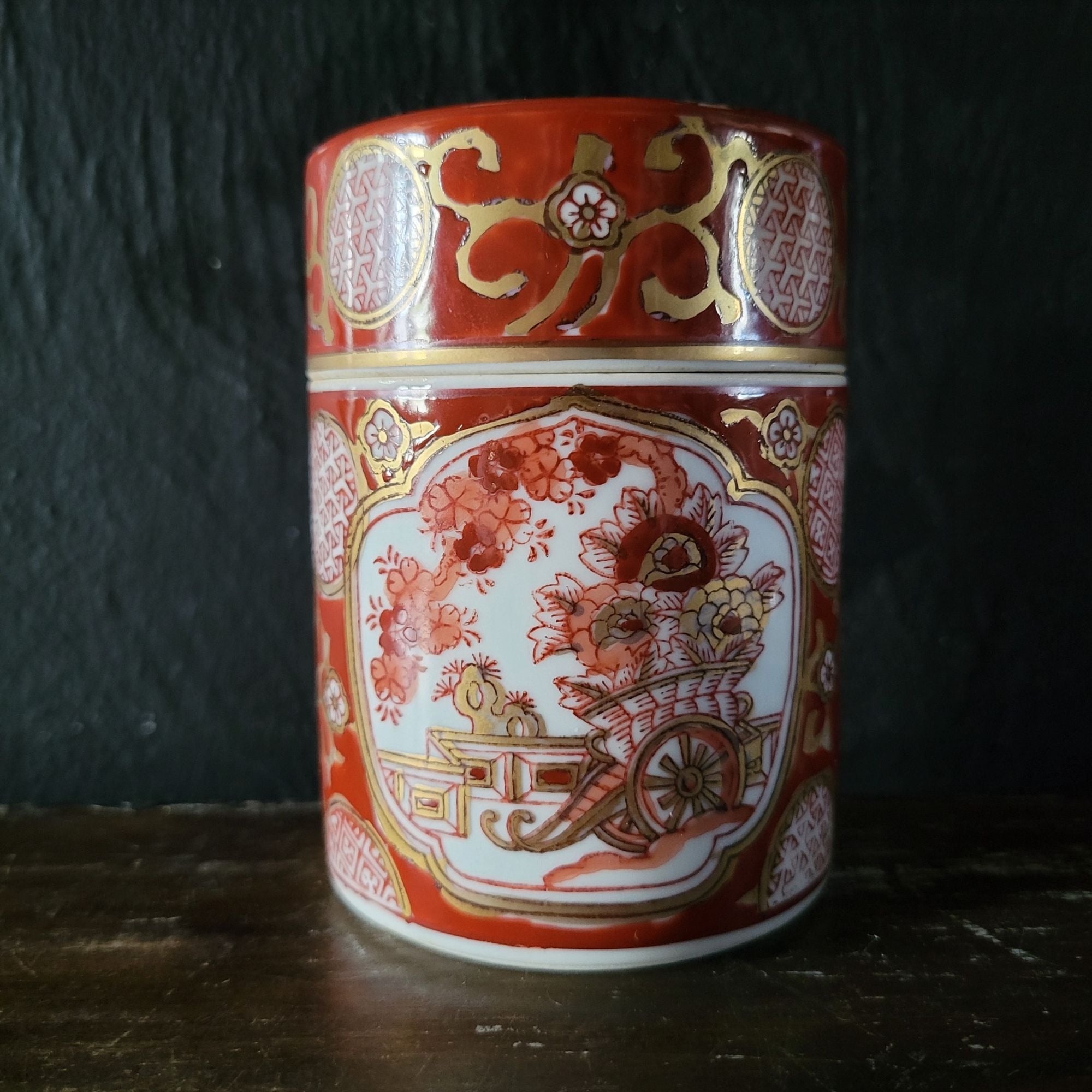 Vintage Gold Imari Hand Painted Spice Tea Jar With Lid Red Gold Japanese Floral