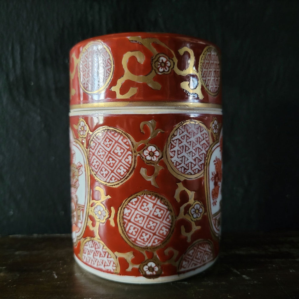 Vintage Gold Imari Hand Painted Spice Tea Jar With Lid Red Gold Japanese Floral