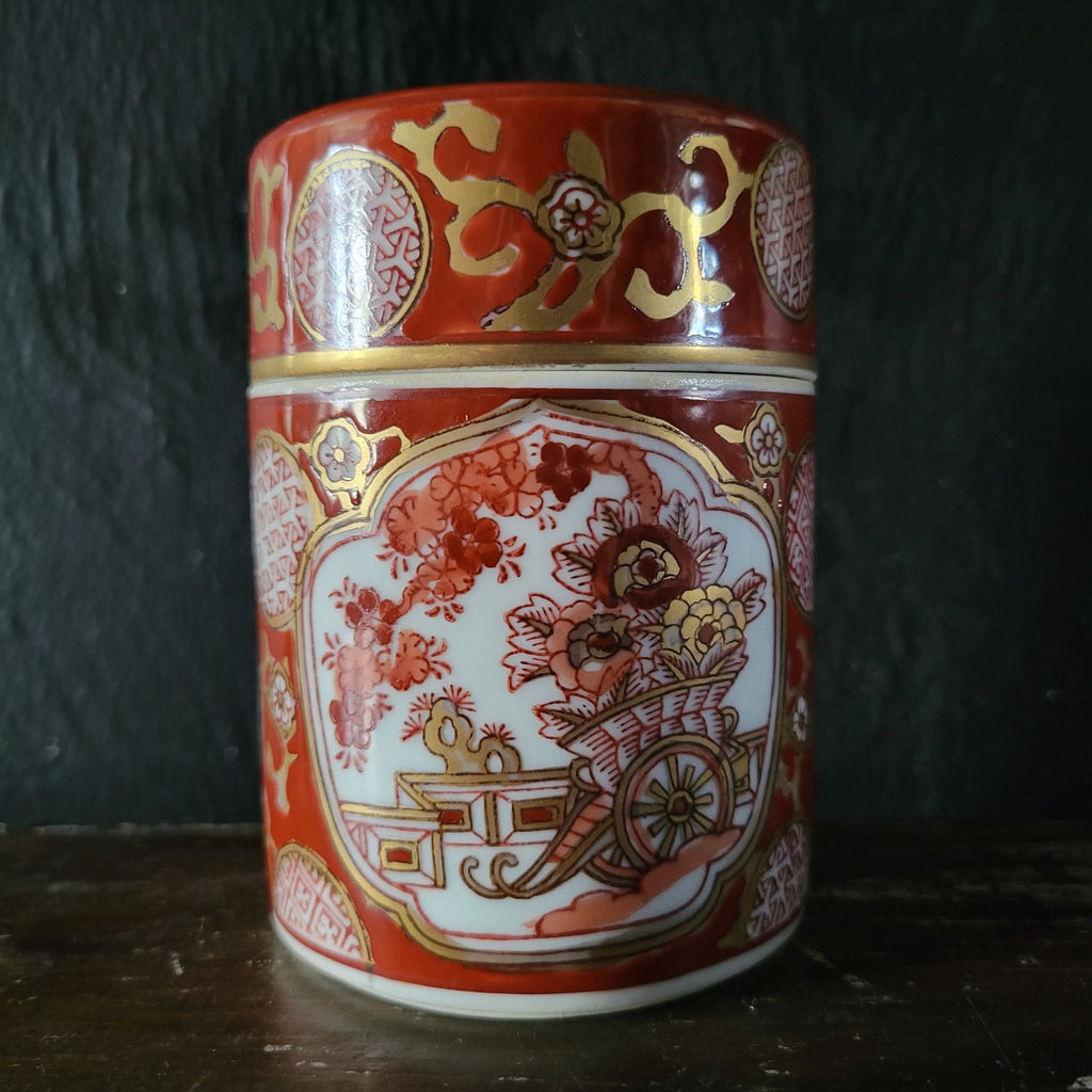 Vintage Gold Imari Hand Painted Spice Tea Jar With Lid Red Gold Japanese Floral