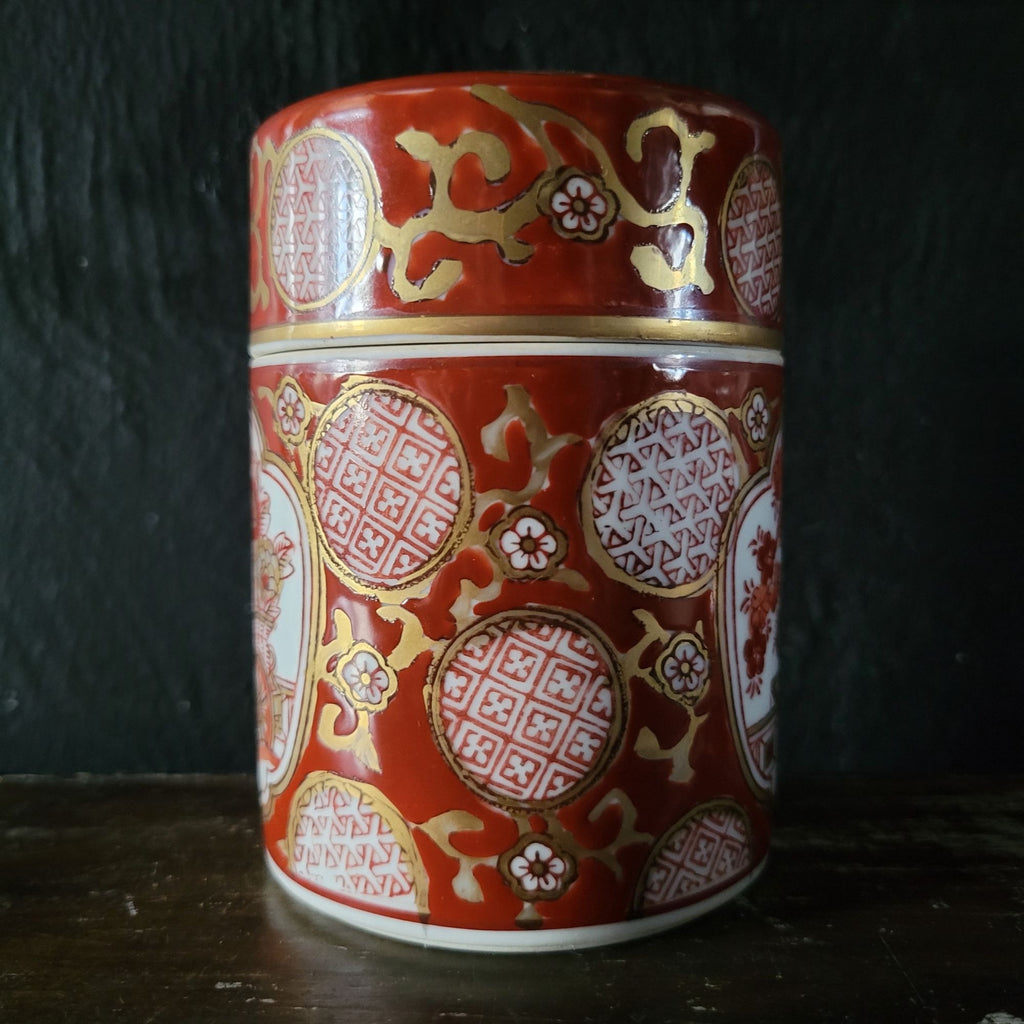 Vintage Gold Imari Hand Painted Spice Tea Jar With Lid Red Gold Japanese Floral