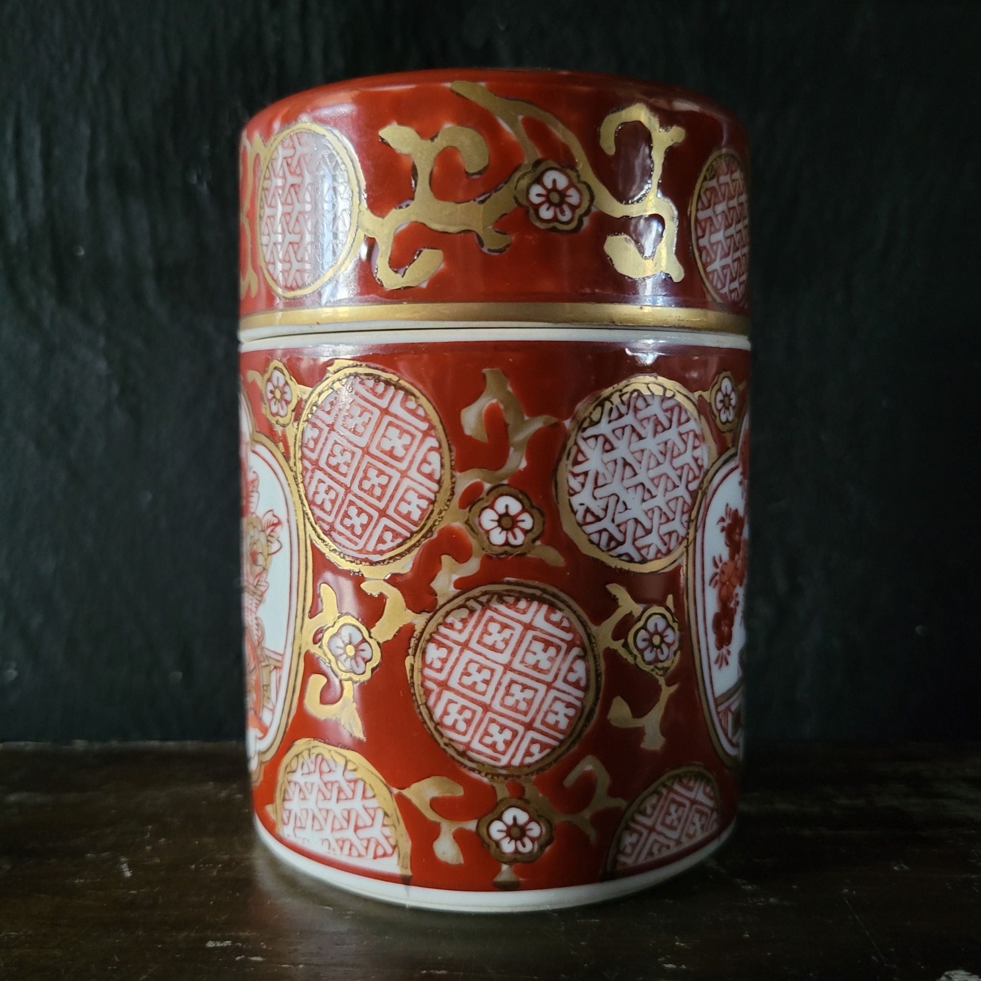 Vintage Gold Imari Hand Painted Spice Tea Jar With Lid Red Gold Japanese Floral