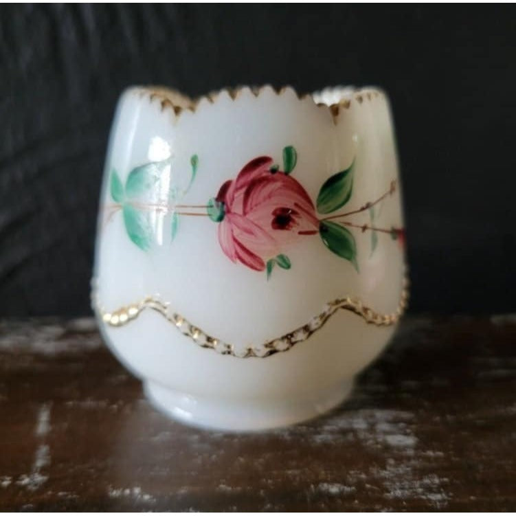 Antique Heisey Beaded Swag Opal Glass Hand Painted Toothpick Holder circa 1906