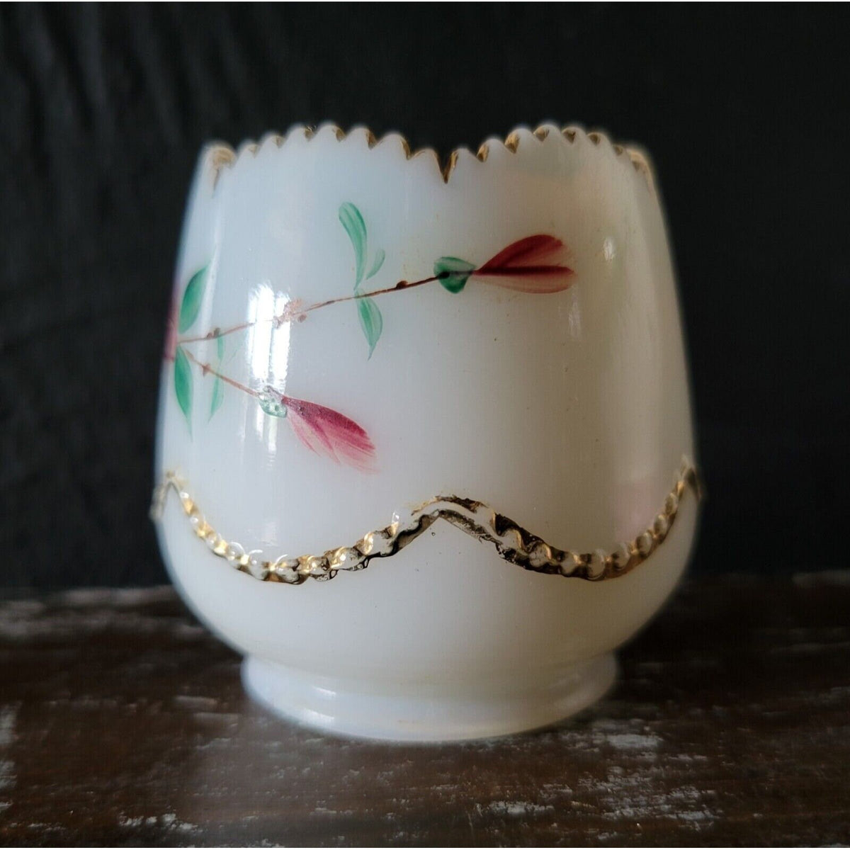 Antique Heisey Beaded Swag Opal Glass Hand Painted Toothpick Holder circa 1906