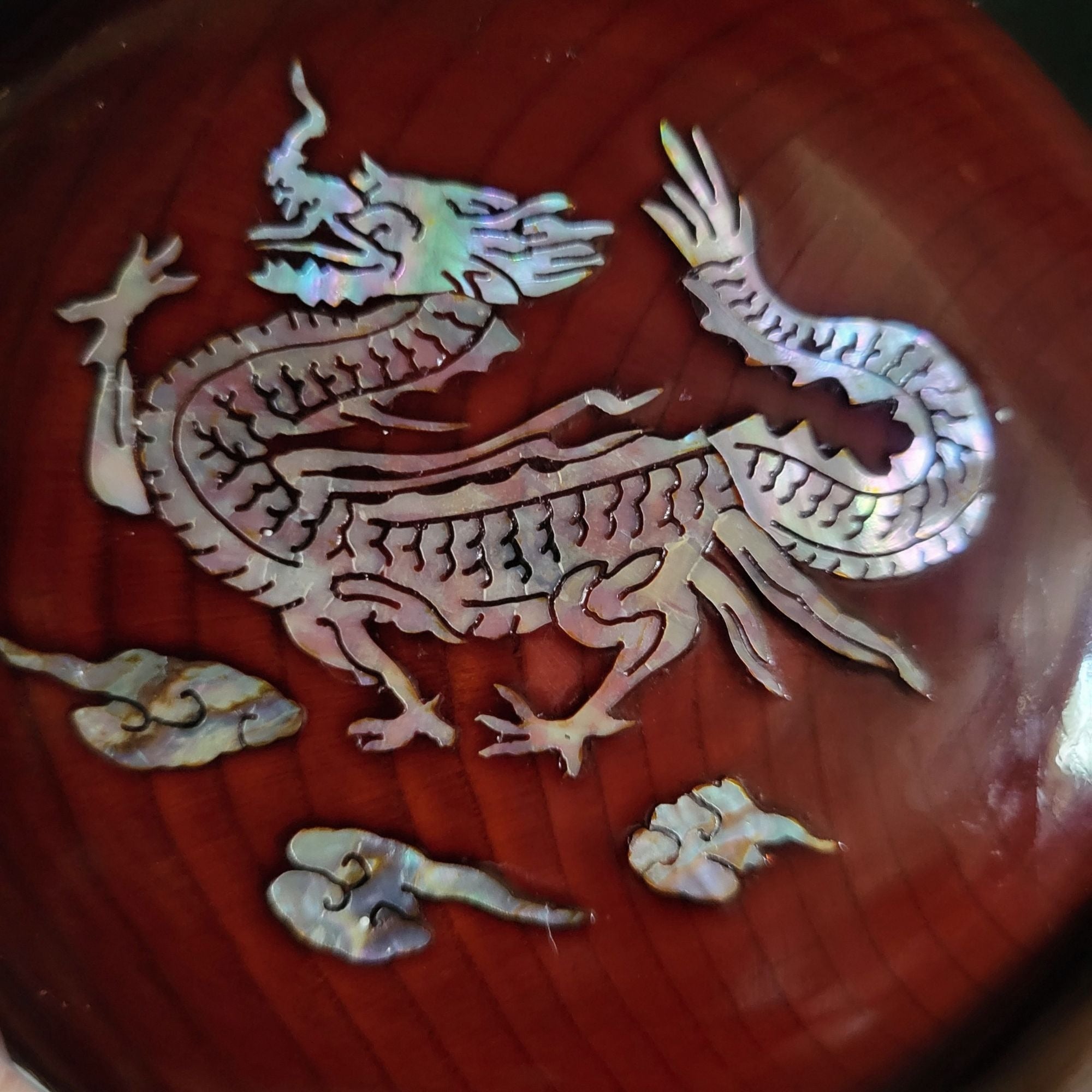 Vintage Rosewood Box With Mother Of Pearl Dragon Inlay Round Wood Box
