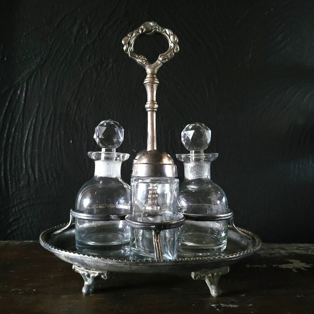 Antique Salt and Pepper Shakers and Cruet Caddy w/Glass Bottles & Ornate Handle