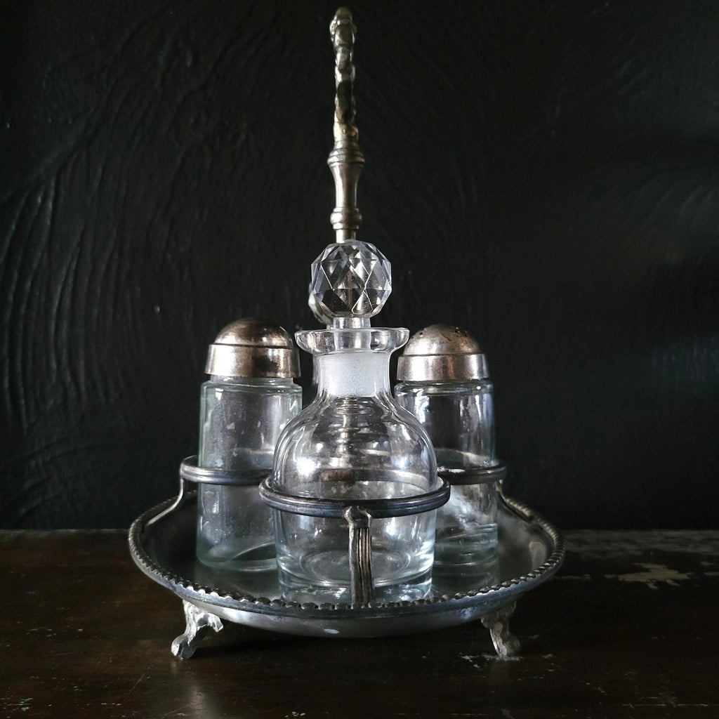 Antique Salt and Pepper Shakers and Cruet Caddy w/Glass Bottles & Ornate Handle