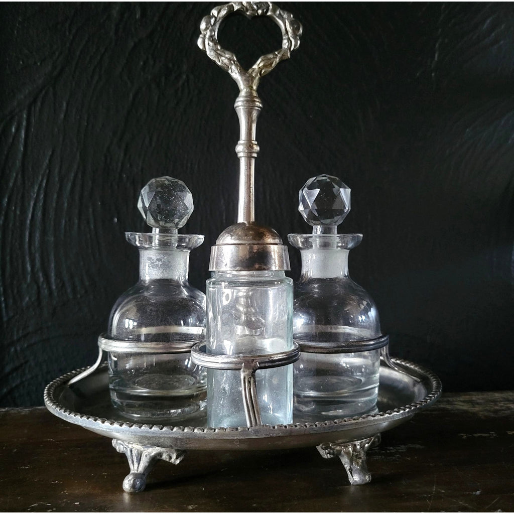Antique Salt and Pepper Shakers and Cruet Caddy w/Glass Bottles & Ornate Handle