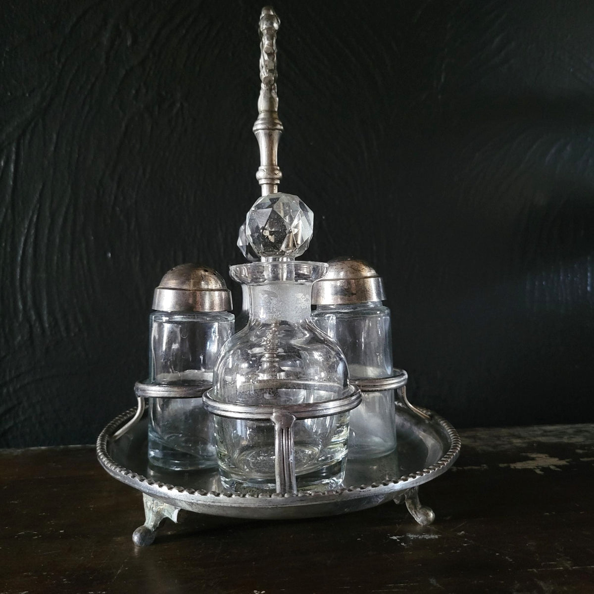 Antique Salt and Pepper Shakers and Cruet Caddy w/Glass Bottles & Ornate Handle