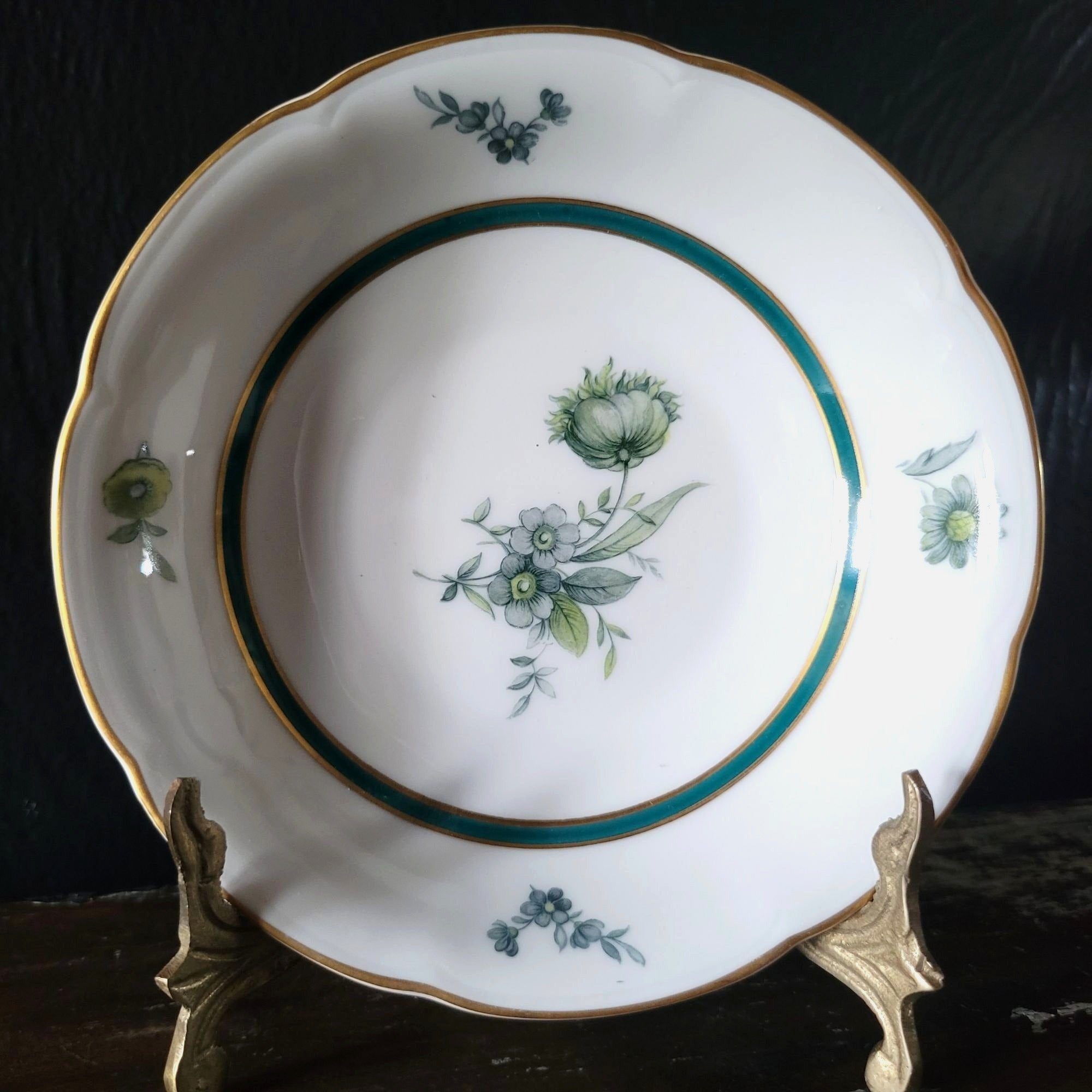 Vtg Royal Bayreuth Teal Tulip Fruit /Dessert/ Sauce Bowl Floral Design Gold Trim