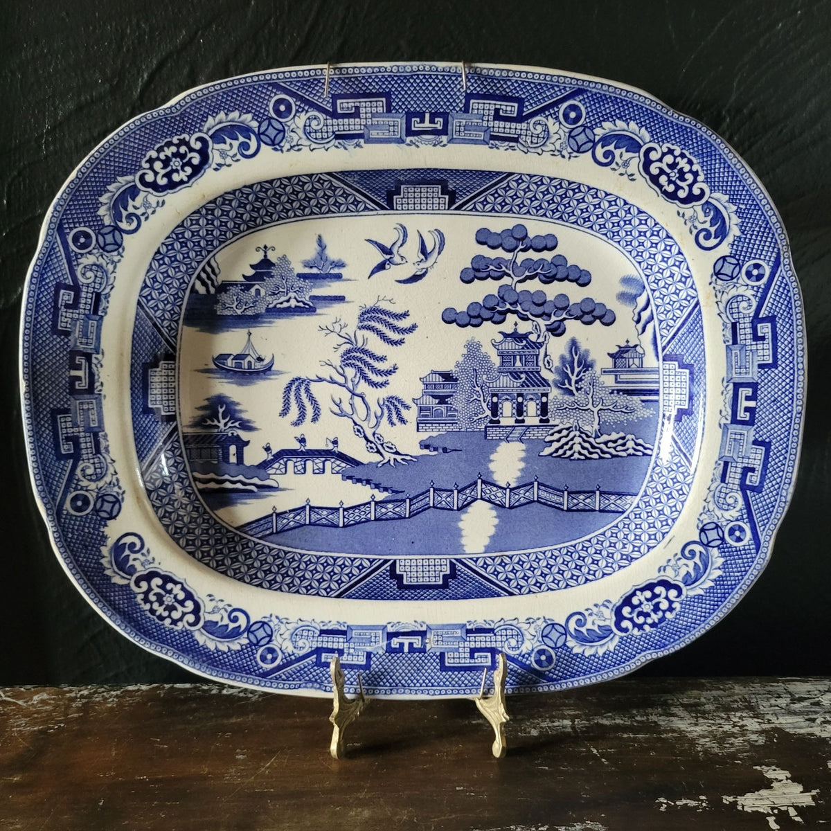 Antique Victorian J. and M. P. Bell and Co. Blue Willow Pattern Platter Scotland