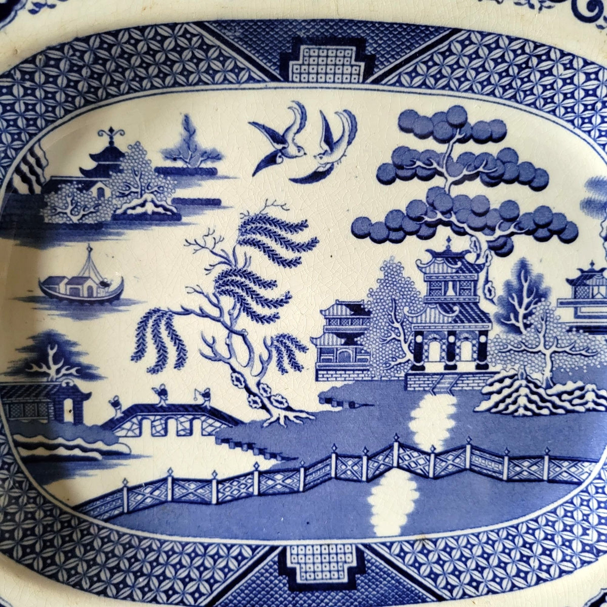 Antique Victorian J. and M. P. Bell and Co. Blue Willow Pattern Platter Scotland