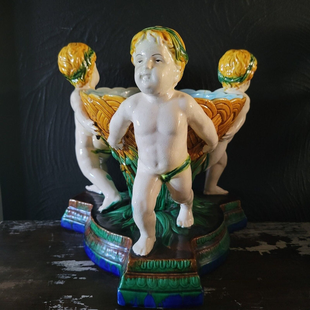 Large Vintage Majolica Bowl With 3 Putti Holding Bowl, Large Ceramic Centerpiece