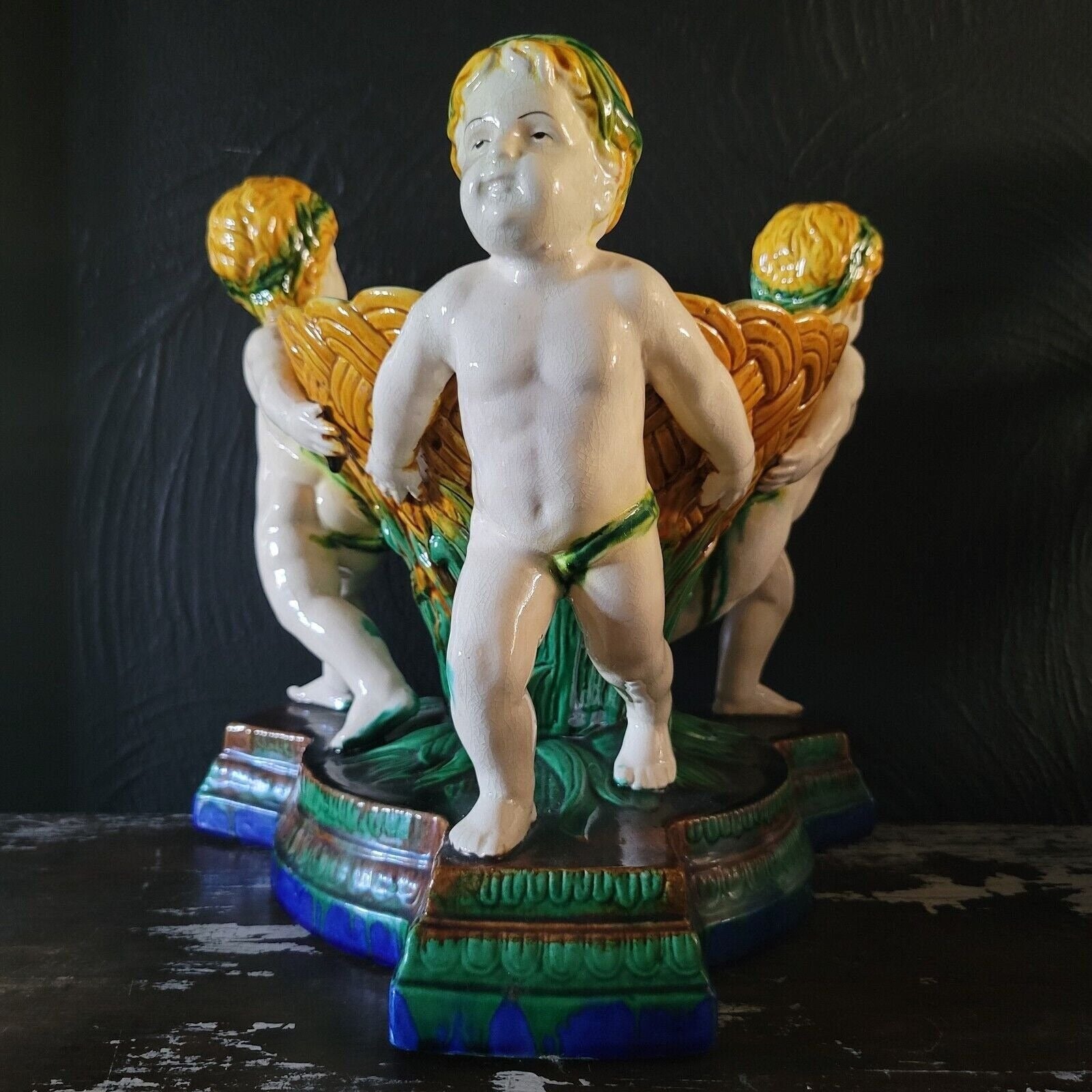 Large Vintage Majolica Bowl With 3 Putti Holding Bowl, Large Ceramic Centerpiece
