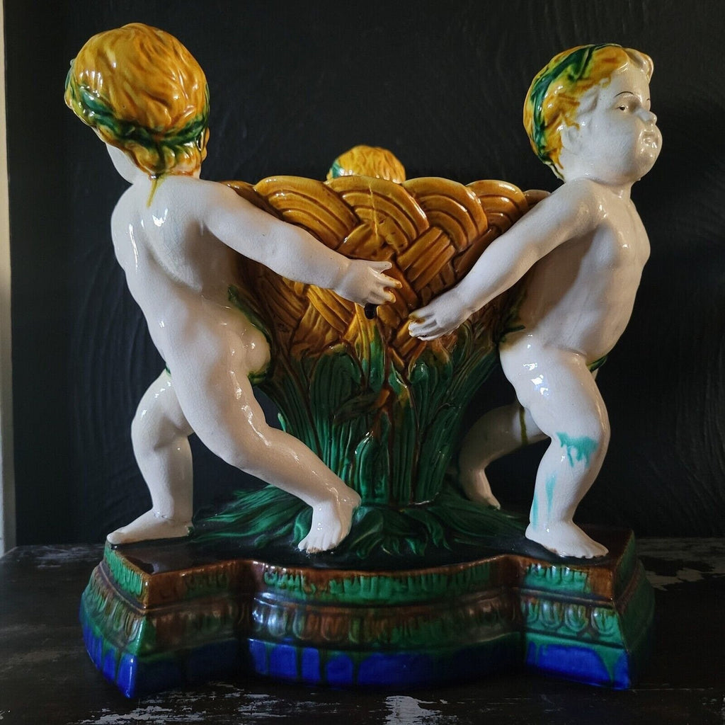 Large Vintage Majolica Bowl With 3 Putti Holding Bowl, Large Ceramic Centerpiece