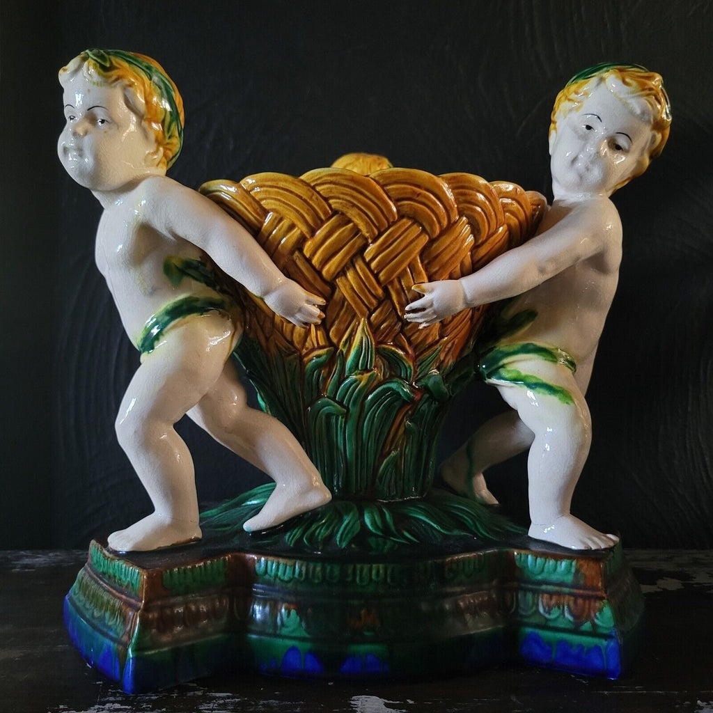 Large Vintage Majolica Bowl With 3 Putti Holding Bowl, Large Ceramic Centerpiece