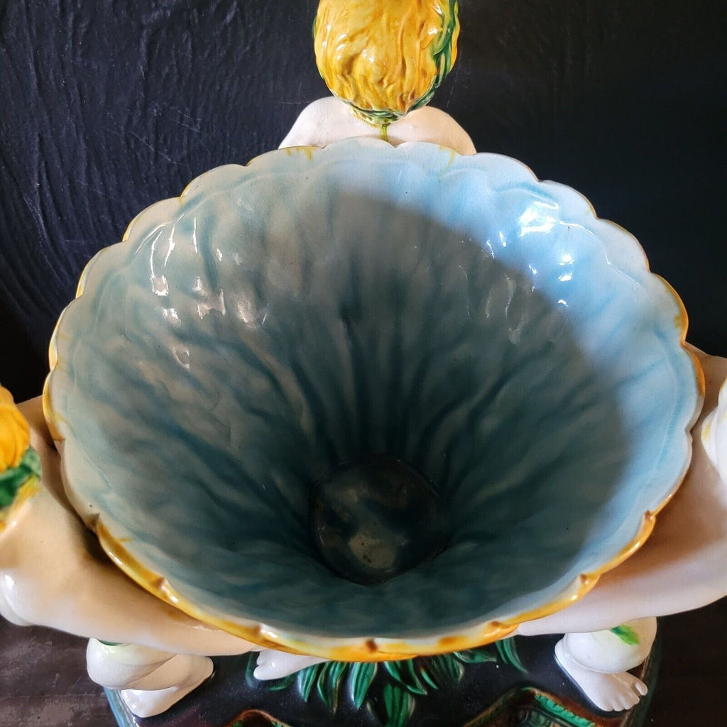 Large Vintage Majolica Bowl With 3 Putti Holding Bowl, Large Ceramic Centerpiece