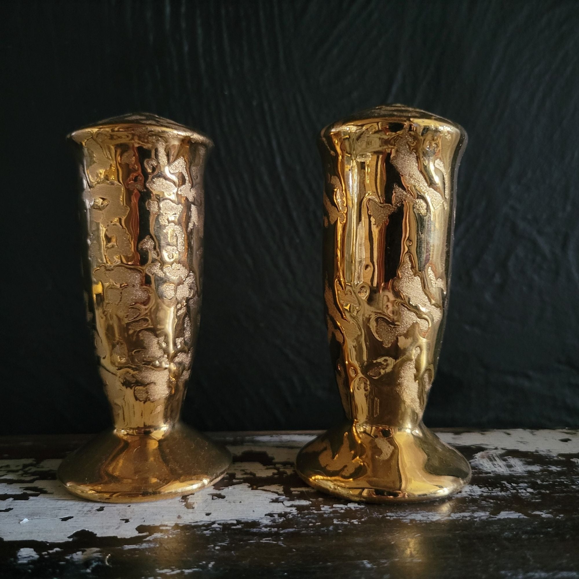 Vintage Paragon 22 Karat Weeping Gold Salt and Pepper Shakers Mid Century